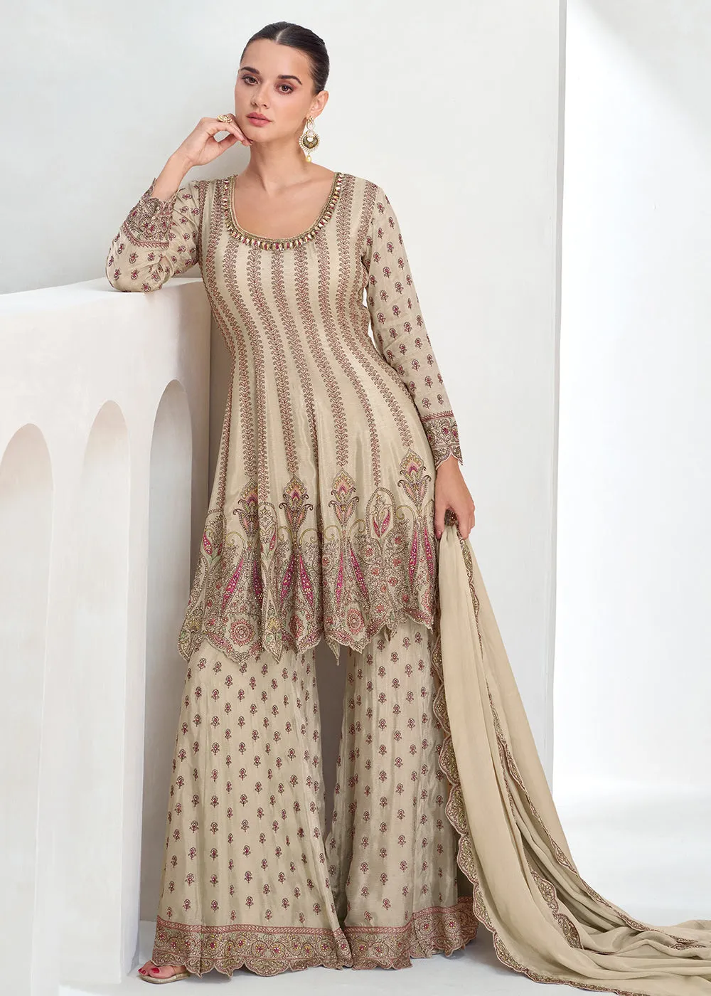 Beige Festive Style Embroidered Trendy Gharara Suit