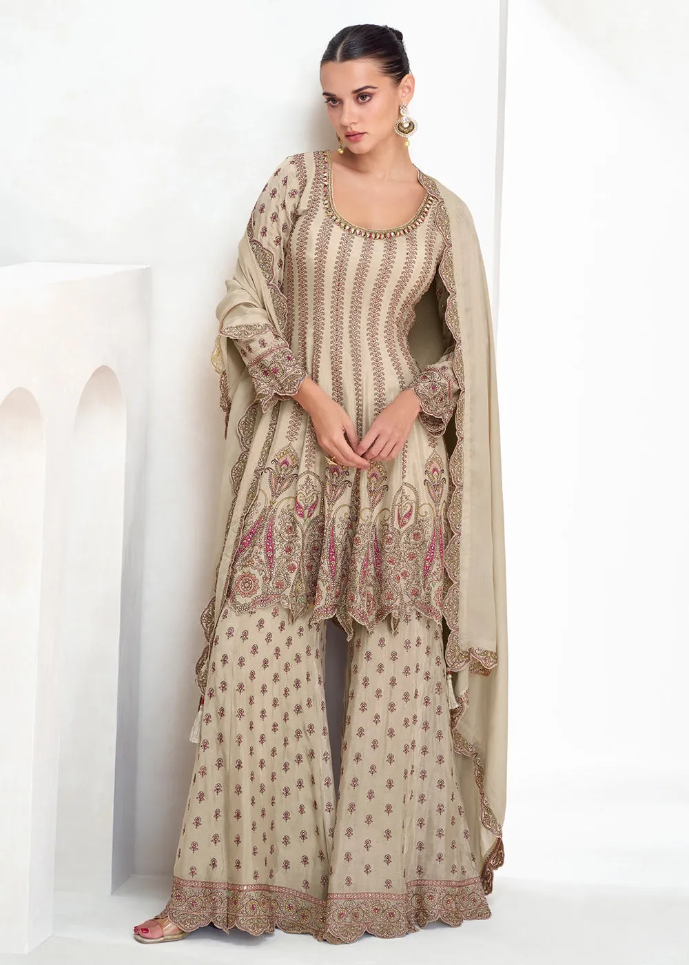 Beige Festive Style Embroidered Trendy Gharara Suit