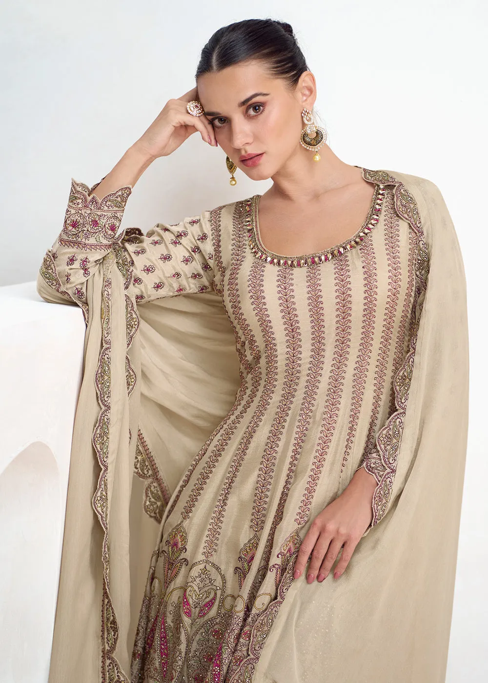 Beige Festive Style Embroidered Trendy Gharara Suit