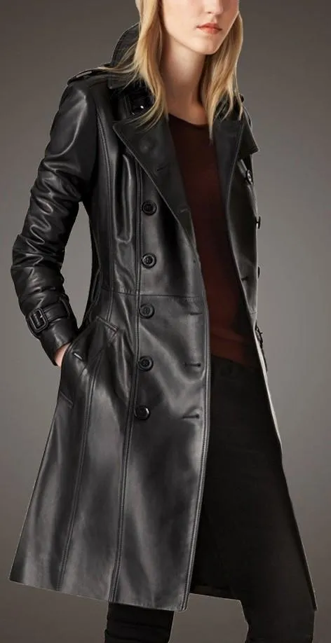 Black Genuine Leather Double-Breasted Trench Coat