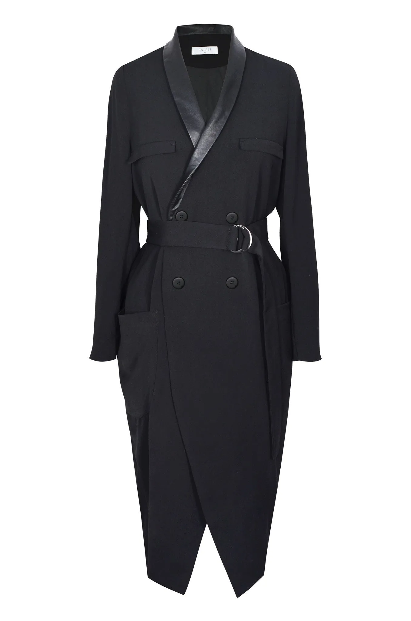 Black Wrap Dress with Faux Leather Lapel and Metal Buckle Belt