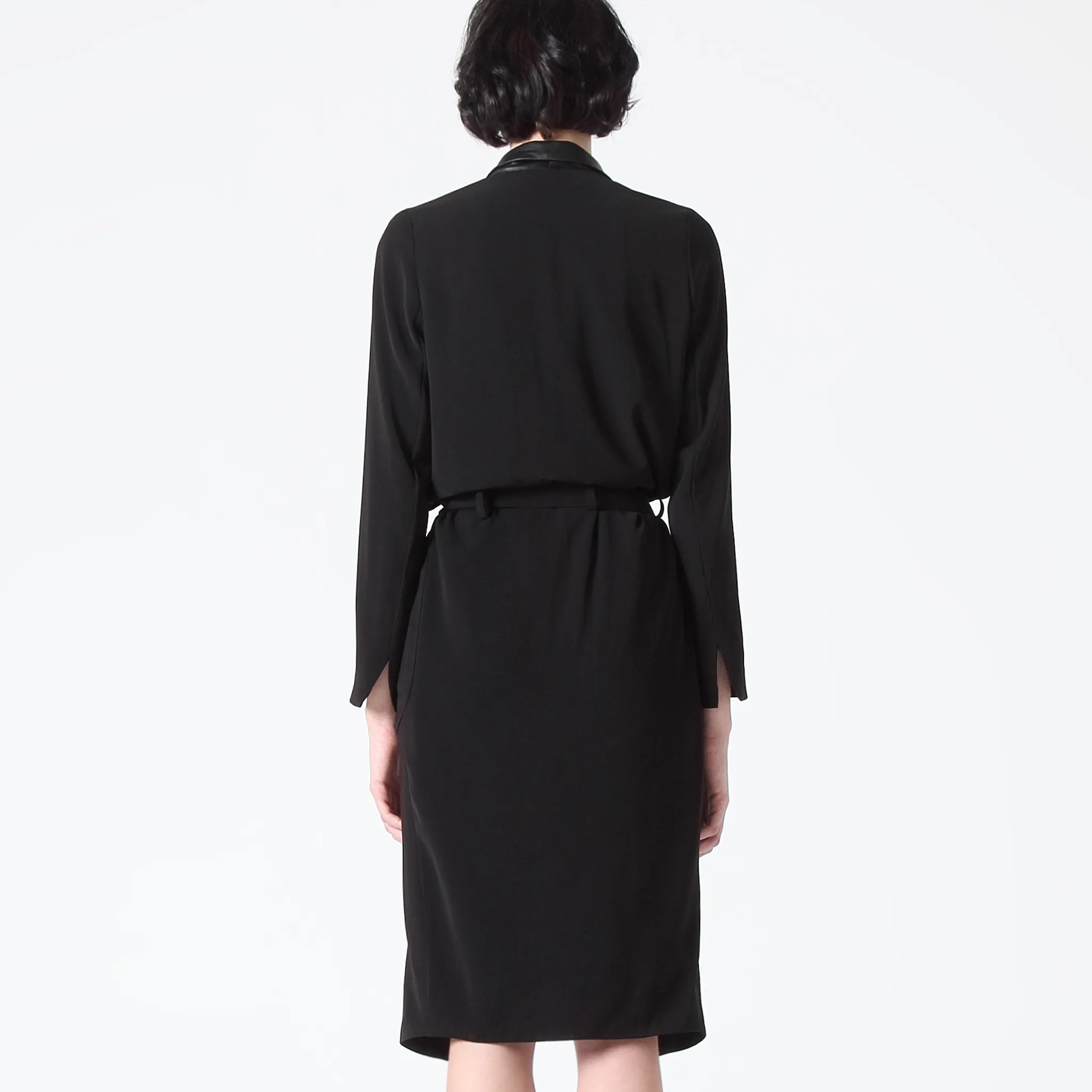 Black Wrap Dress with Faux Leather Lapel and Metal Buckle Belt