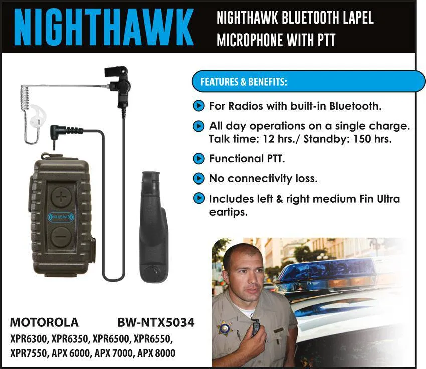 BlueWi BW-NTX5034 Nighthawk Bluetooth Lapel Microphone for Motorola TRBO