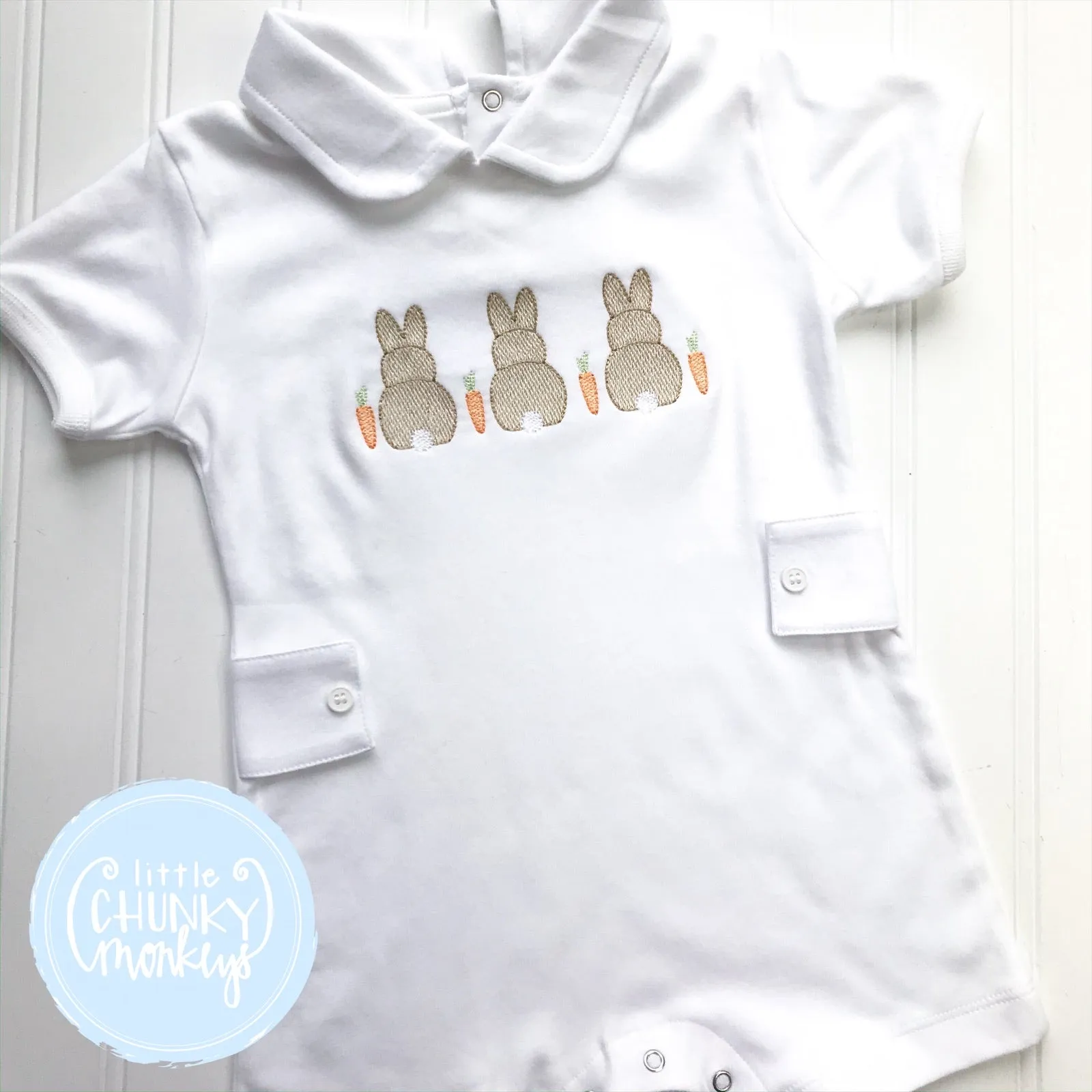 Boy Peter Pan Romper with Bunny Trio