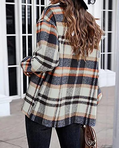 BTFBM Women Long Sleeve Shirts Button Down Plaid Loose Casual Flannel Fall Blouse Shirt Jacket Shackets Top with Pockets(Plaid Print Dark Blue, Medium)