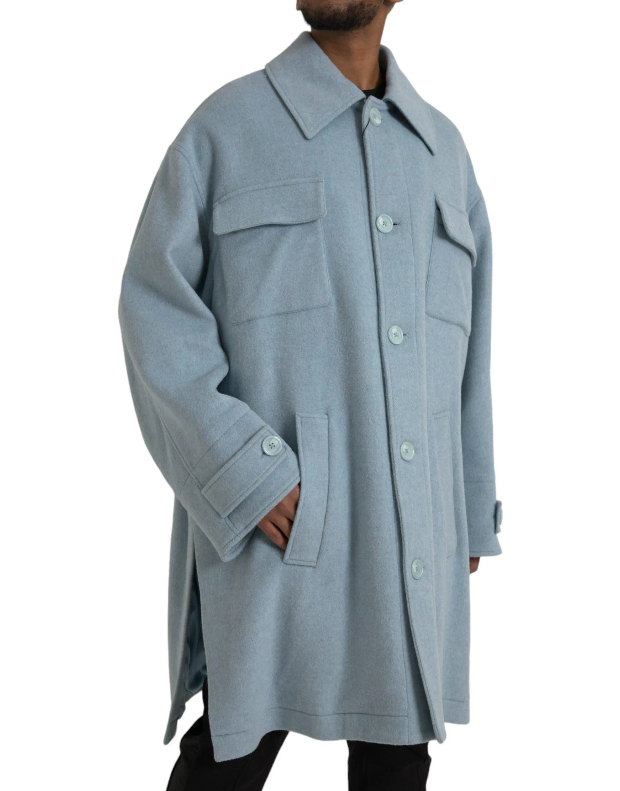 Dolce & Gabbana Light Blue Wool Button Coat