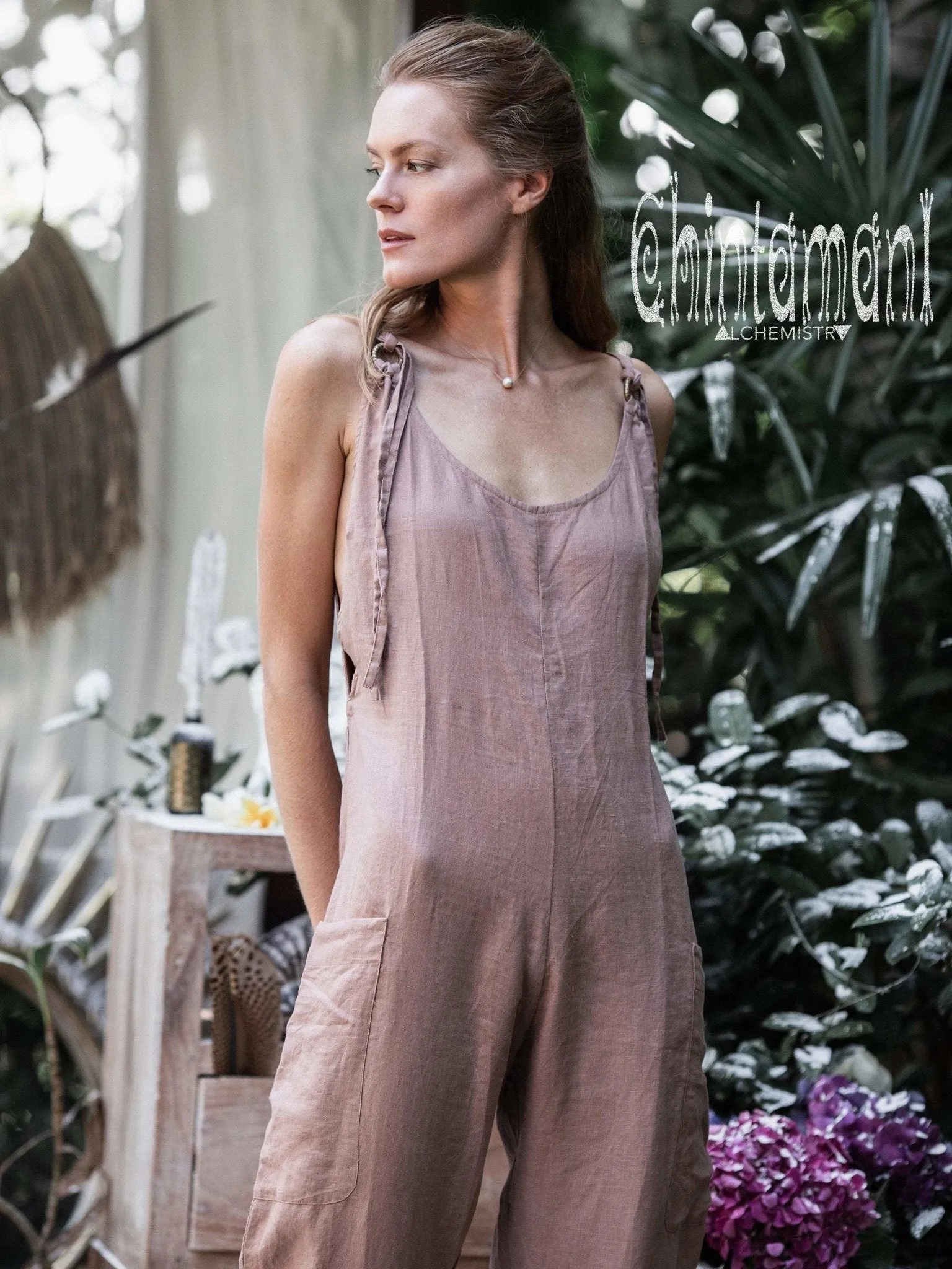 Fitted Linen Jumpsuit 3/4 / Women Midi Overalls with Pockets & Back Zip / Dusty Pink