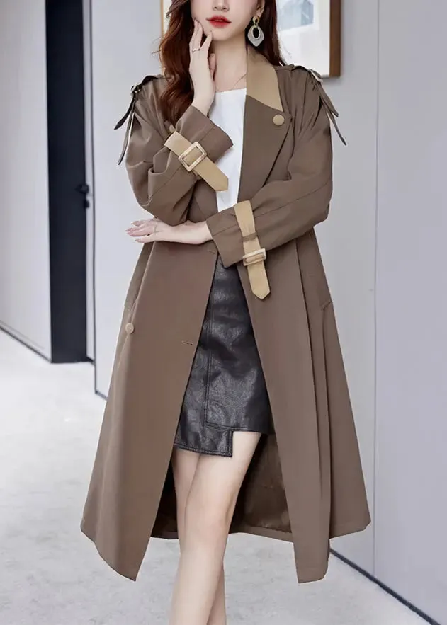 French Brown Button Tie Waist Cotton Long Trench Coat Fall ML2756