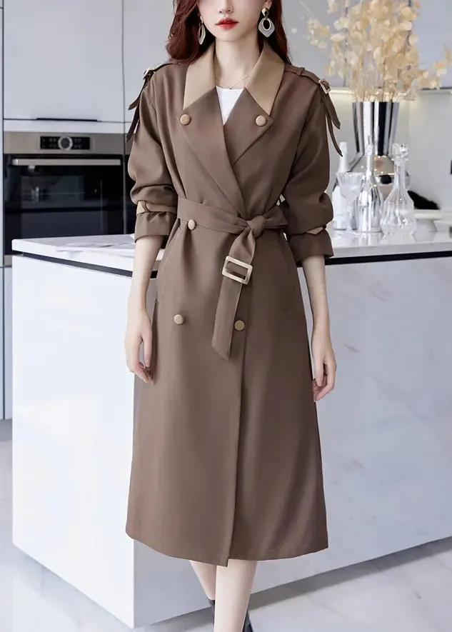 French Brown Button Tie Waist Cotton Long Trench Coat Fall ML2756