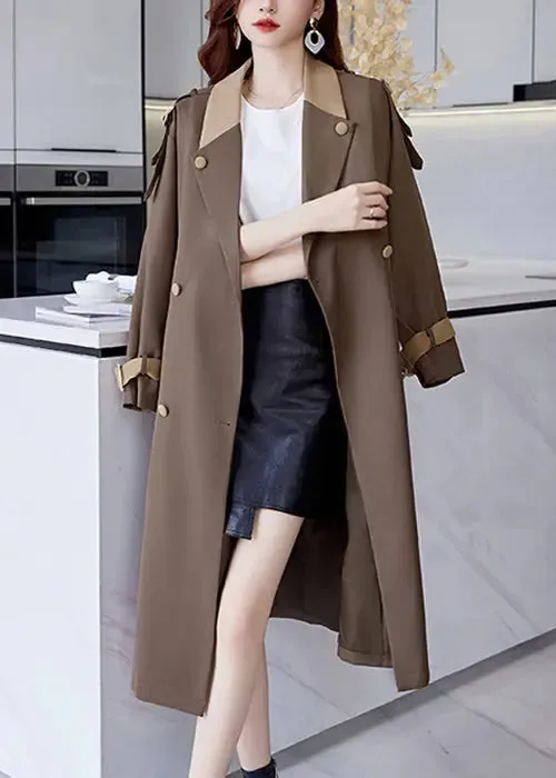 French Brown Button Tie Waist Cotton Long Trench Coat Fall ML2756