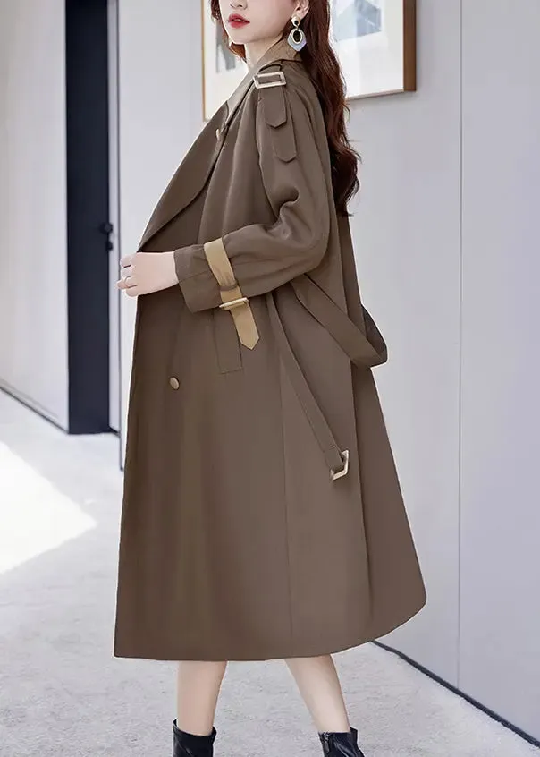 French Brown Button Tie Waist Cotton Long Trench Coat Fall ML2756