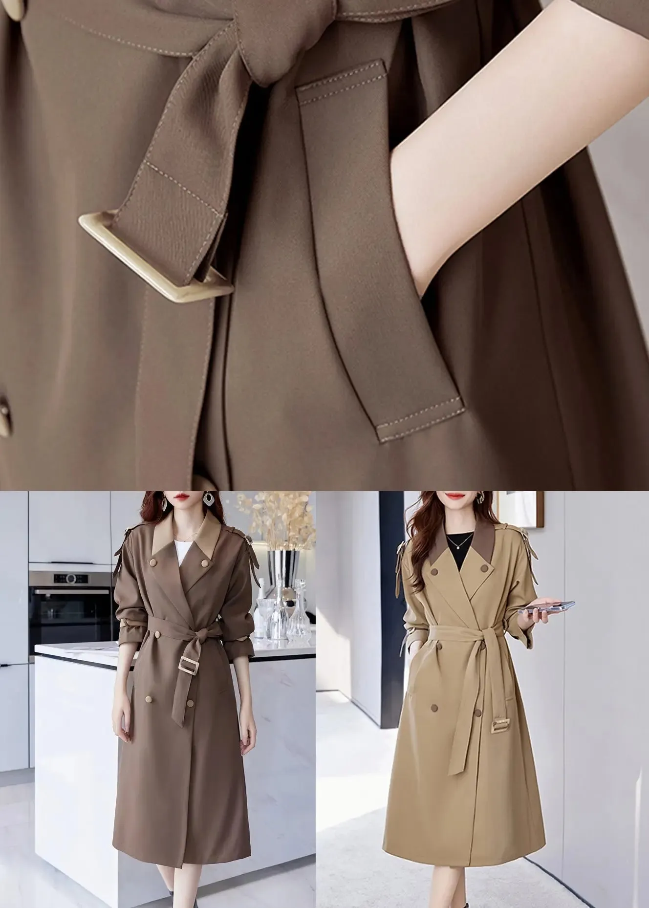 French Brown Button Tie Waist Cotton Long Trench Coat Fall ML2756