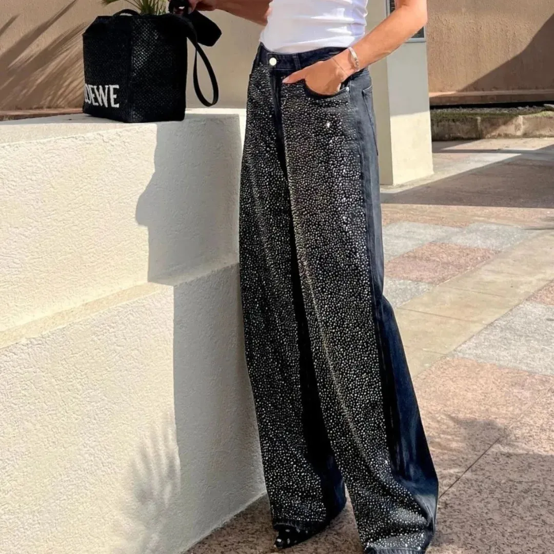 Girlary Sequined Loose Pants Women Autumn Fashion Wide Leg High Waist Zipper Pocket Shinny Jeans Sweatpants 2024 New Y2K Style Trousers