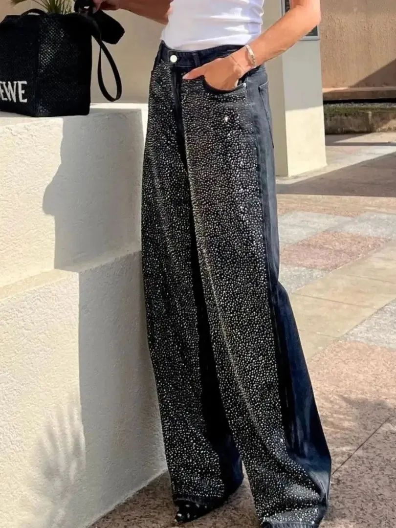 Girlary Sequined Loose Pants Women Autumn Fashion Wide Leg High Waist Zipper Pocket Shinny Jeans Sweatpants 2024 New Y2K Style Trousers