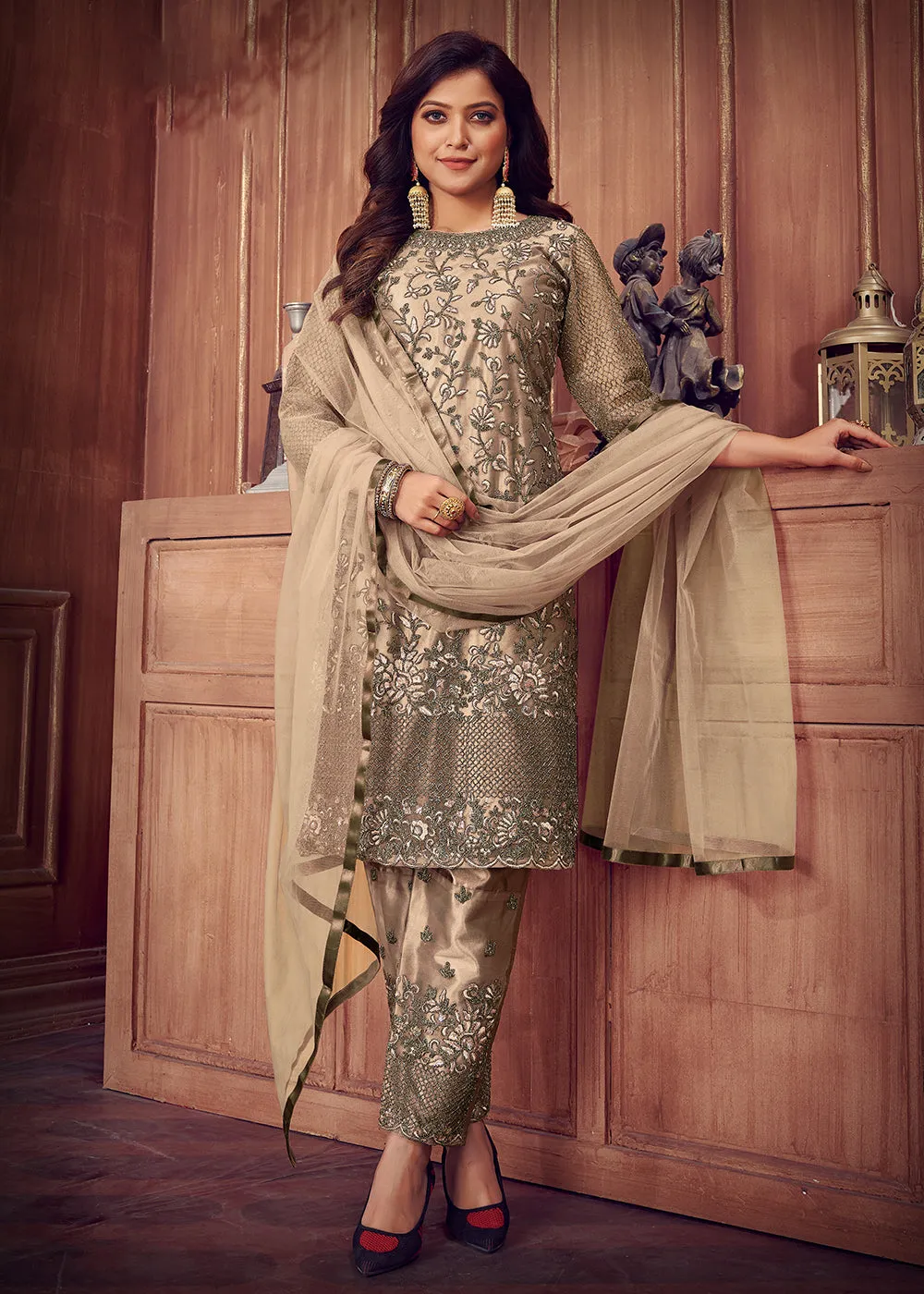 Indian Designer Beige Net Pant Style Salwar Suit