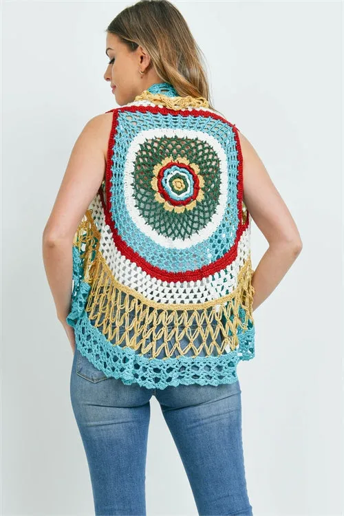 Ivory and Aqua Crocheted Cardigan Vest