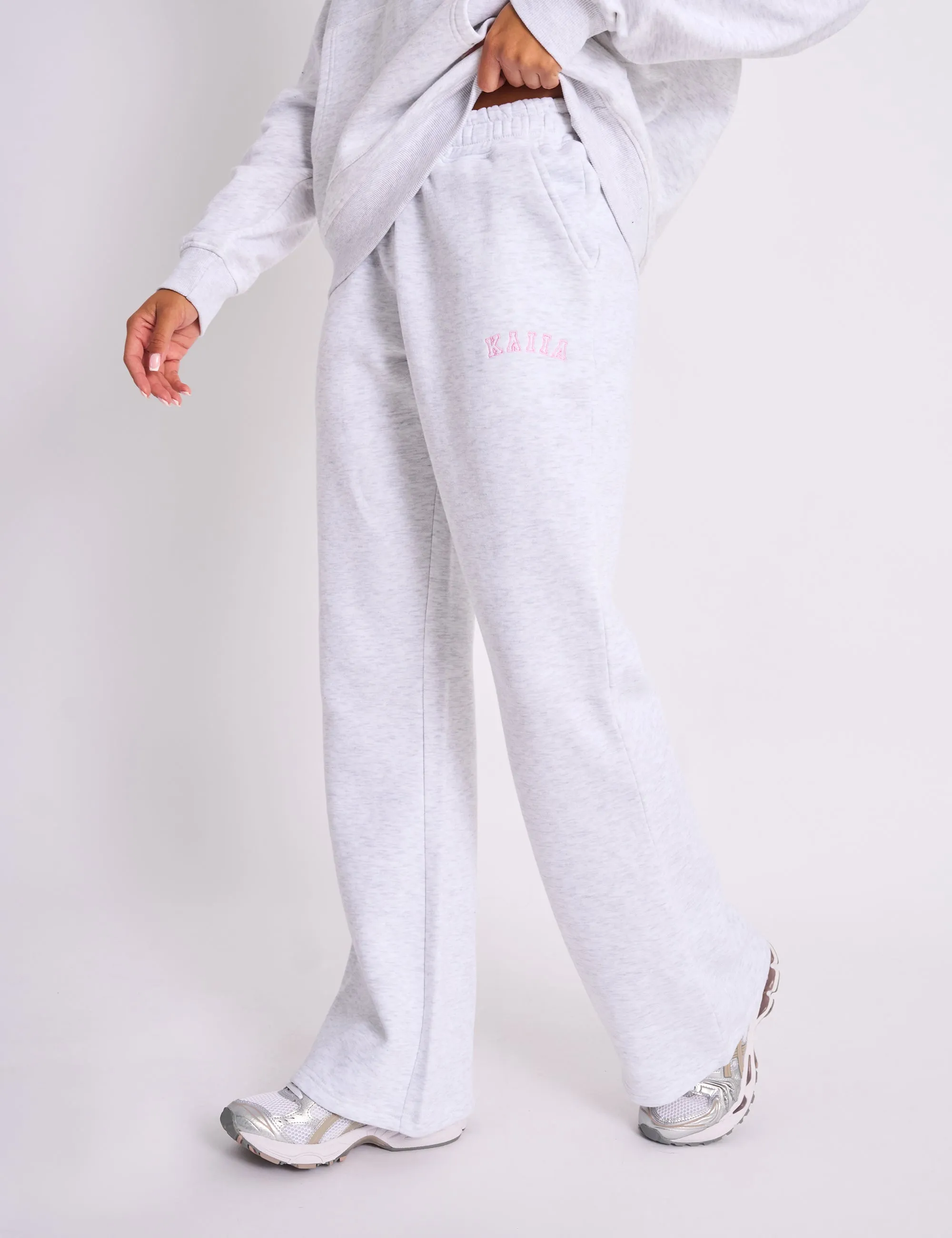 Kaiia Logo Wide Leg Joggers Light Grey Marl & Baby Pink