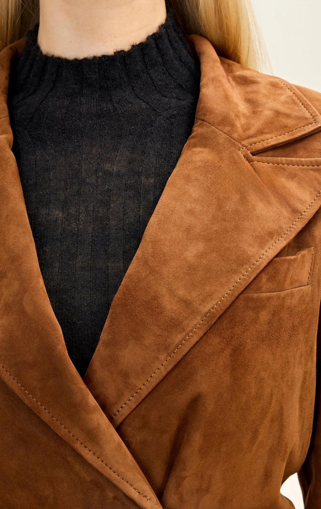 Lambskin Leather Suede Double Brested Long Coat - Cognac