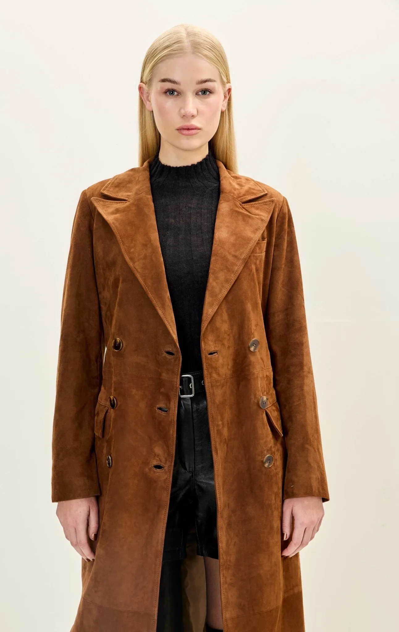 Lambskin Leather Suede Double Brested Long Coat - Cognac