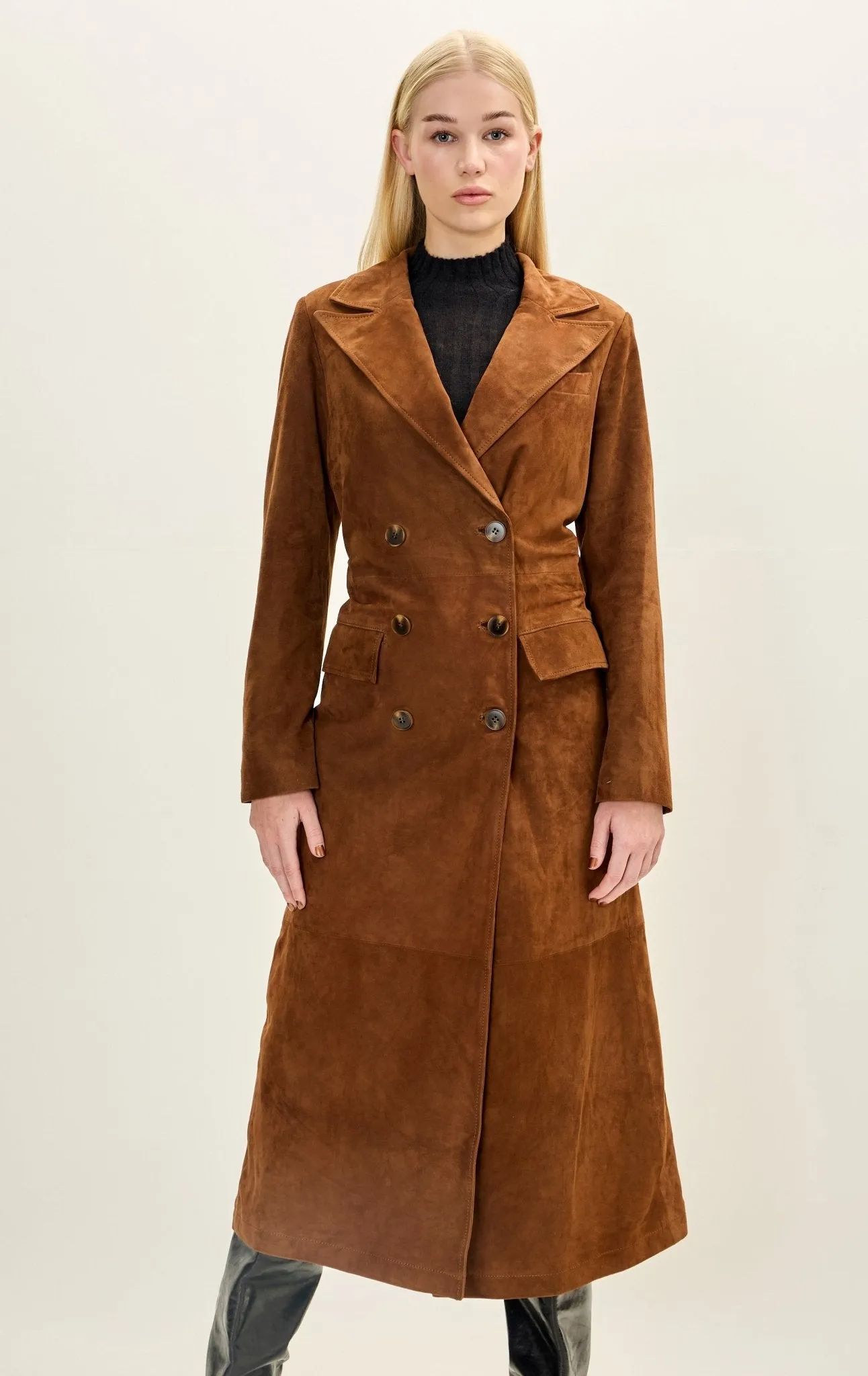 Lambskin Leather Suede Double Brested Long Coat - Cognac