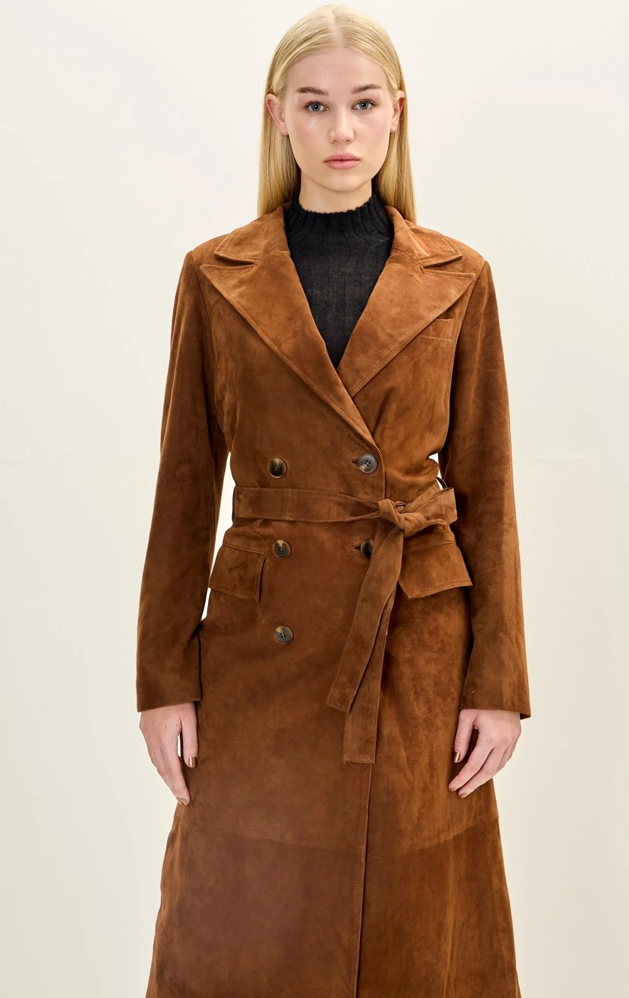 Lambskin Leather Suede Double Brested Long Coat - Cognac