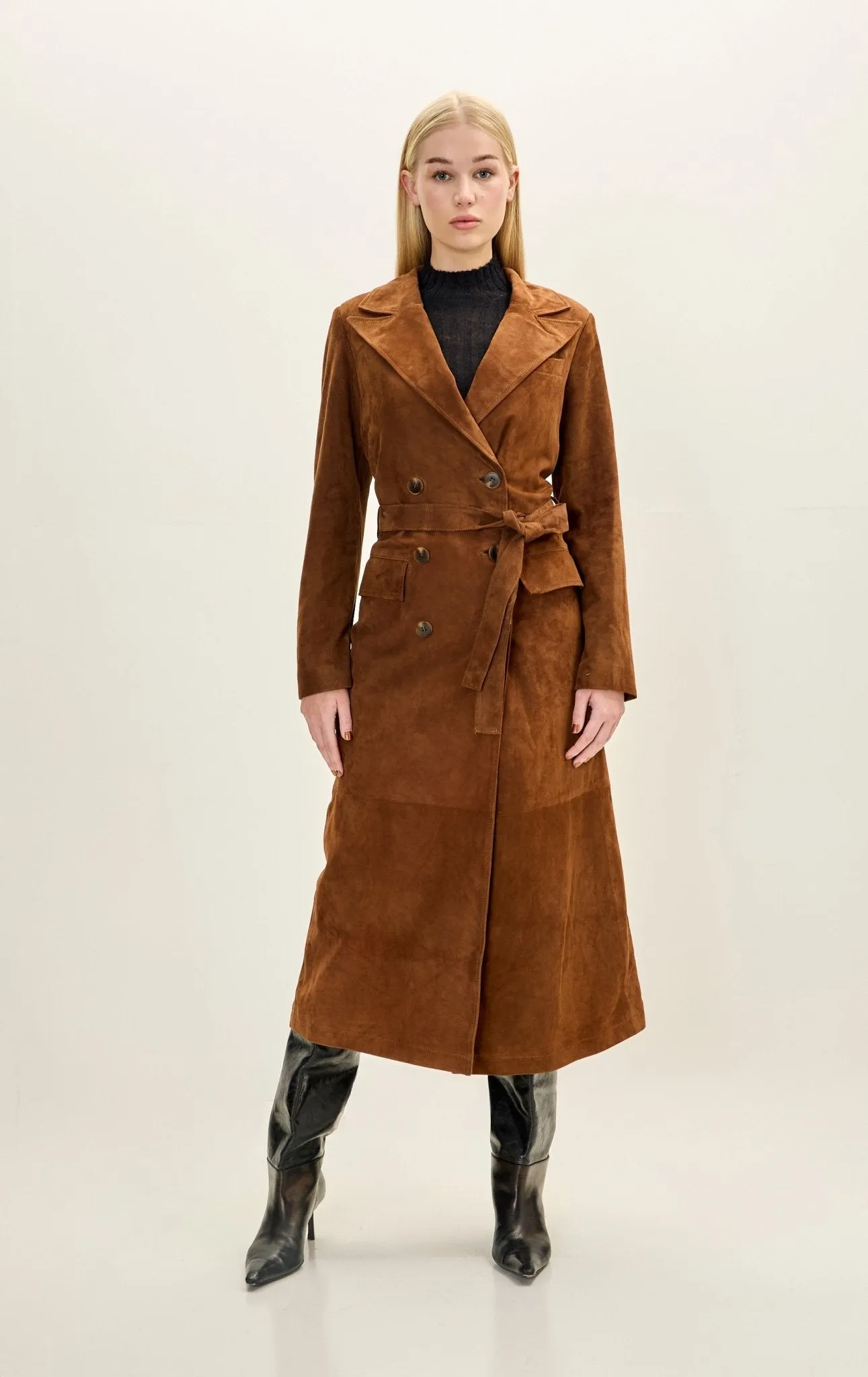 Lambskin Leather Suede Double Brested Long Coat - Cognac