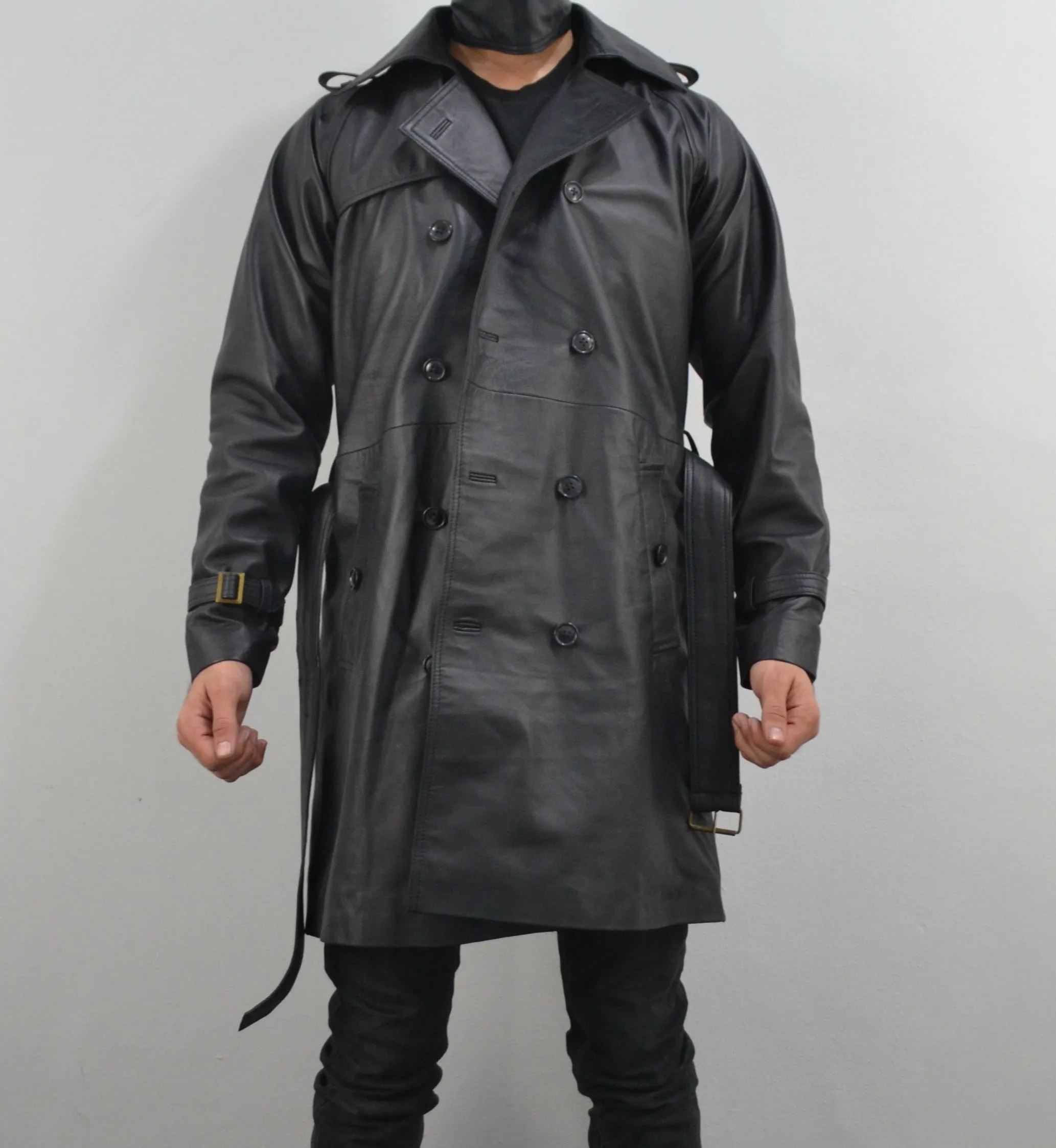 Men's Black Double-Breasted Mid-Length Belted Genuine Leather Coat