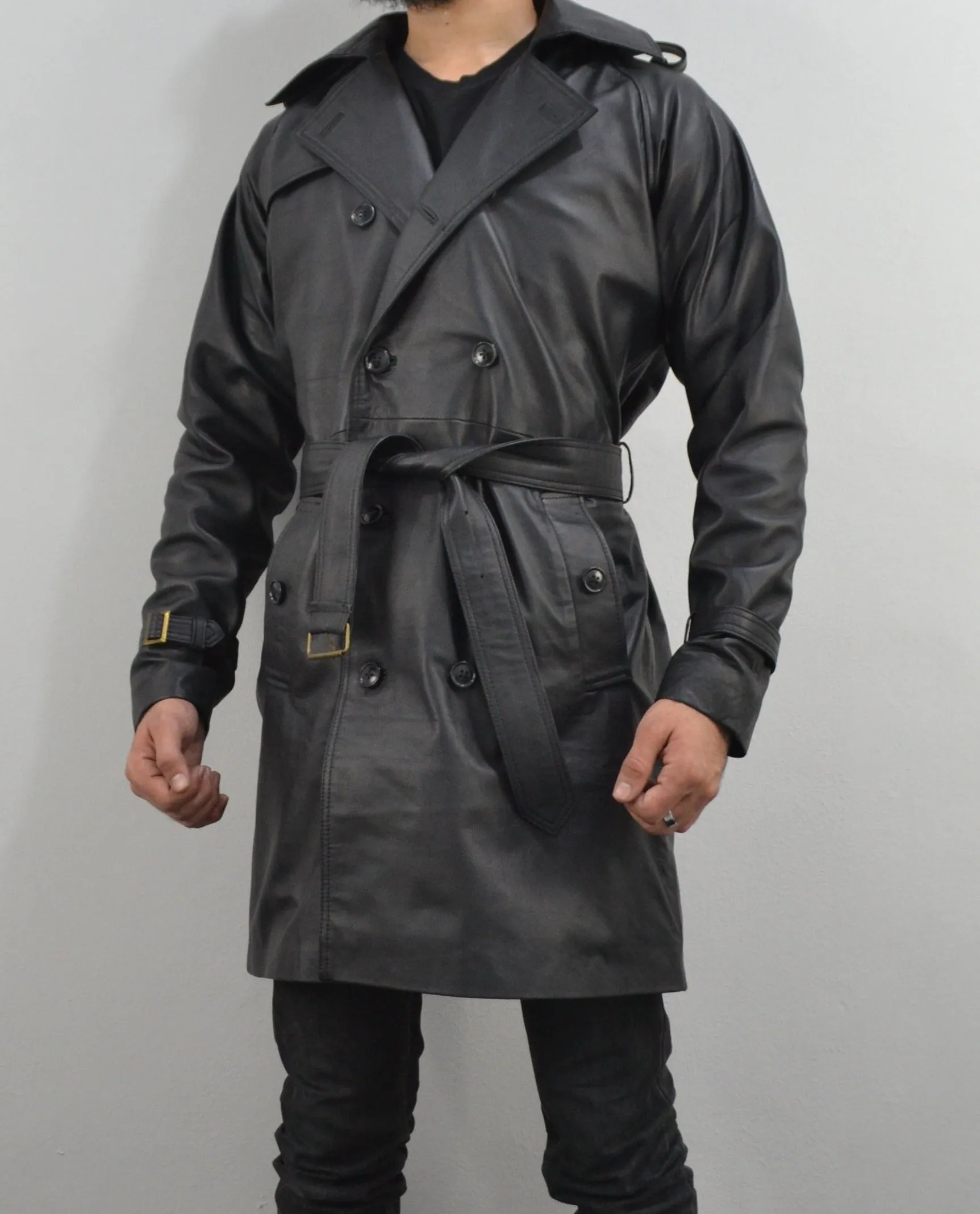 Men's Black Double-Breasted Mid-Length Belted Genuine Leather Coat