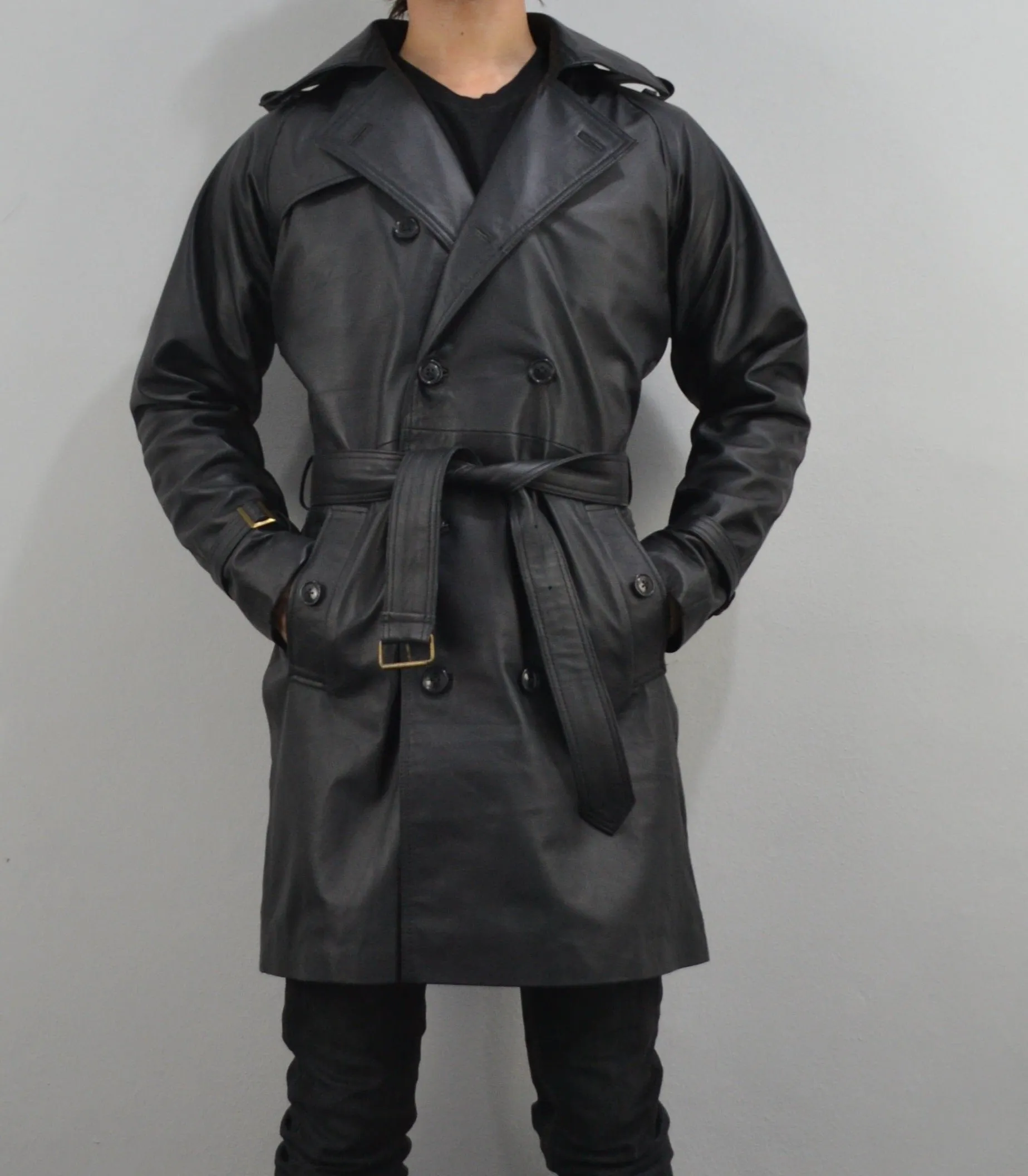 Men's Black Double-Breasted Mid-Length Belted Genuine Leather Coat