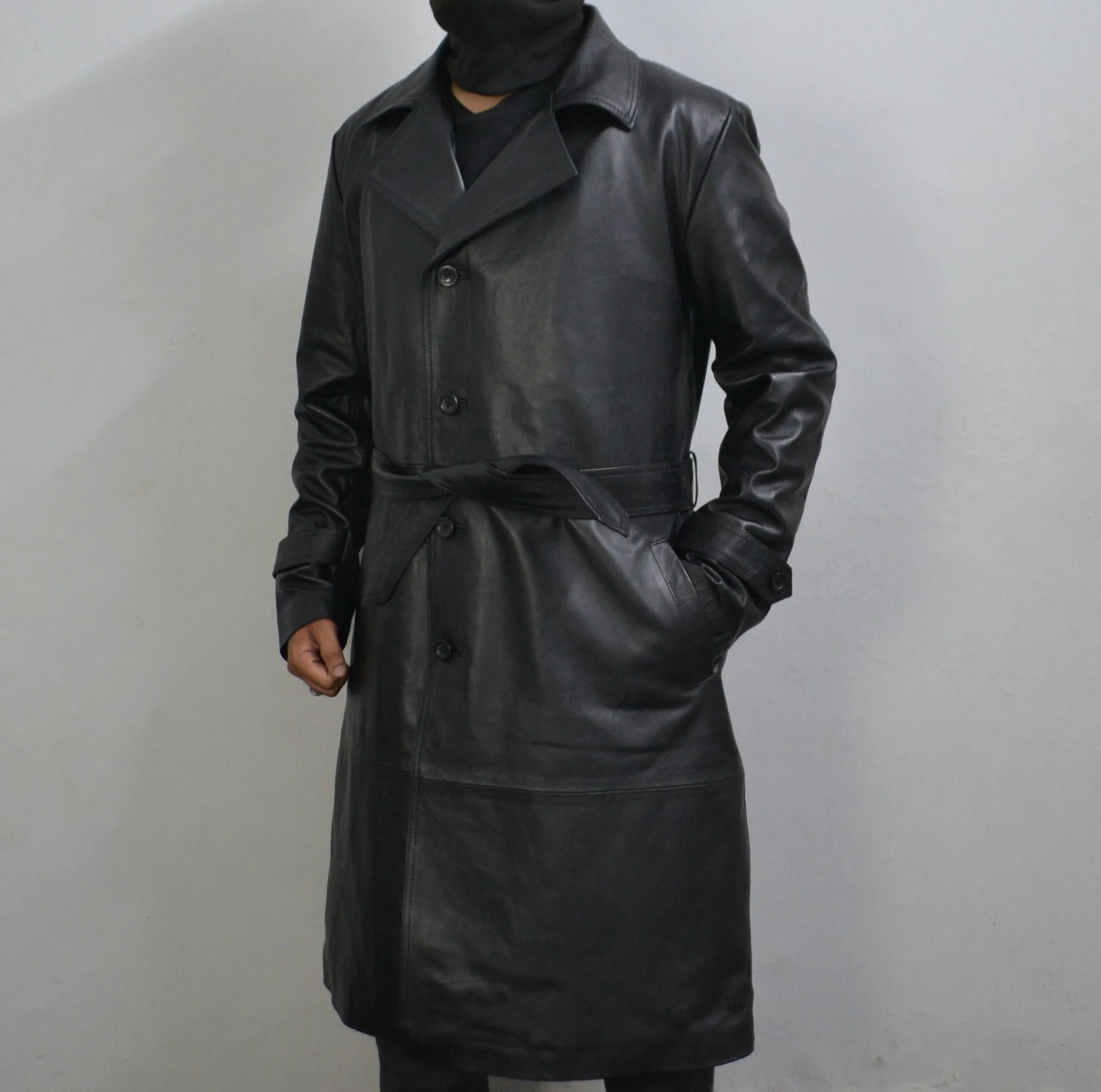 Men's Black Genuine Leather Mid-Length Belted Trench Coat