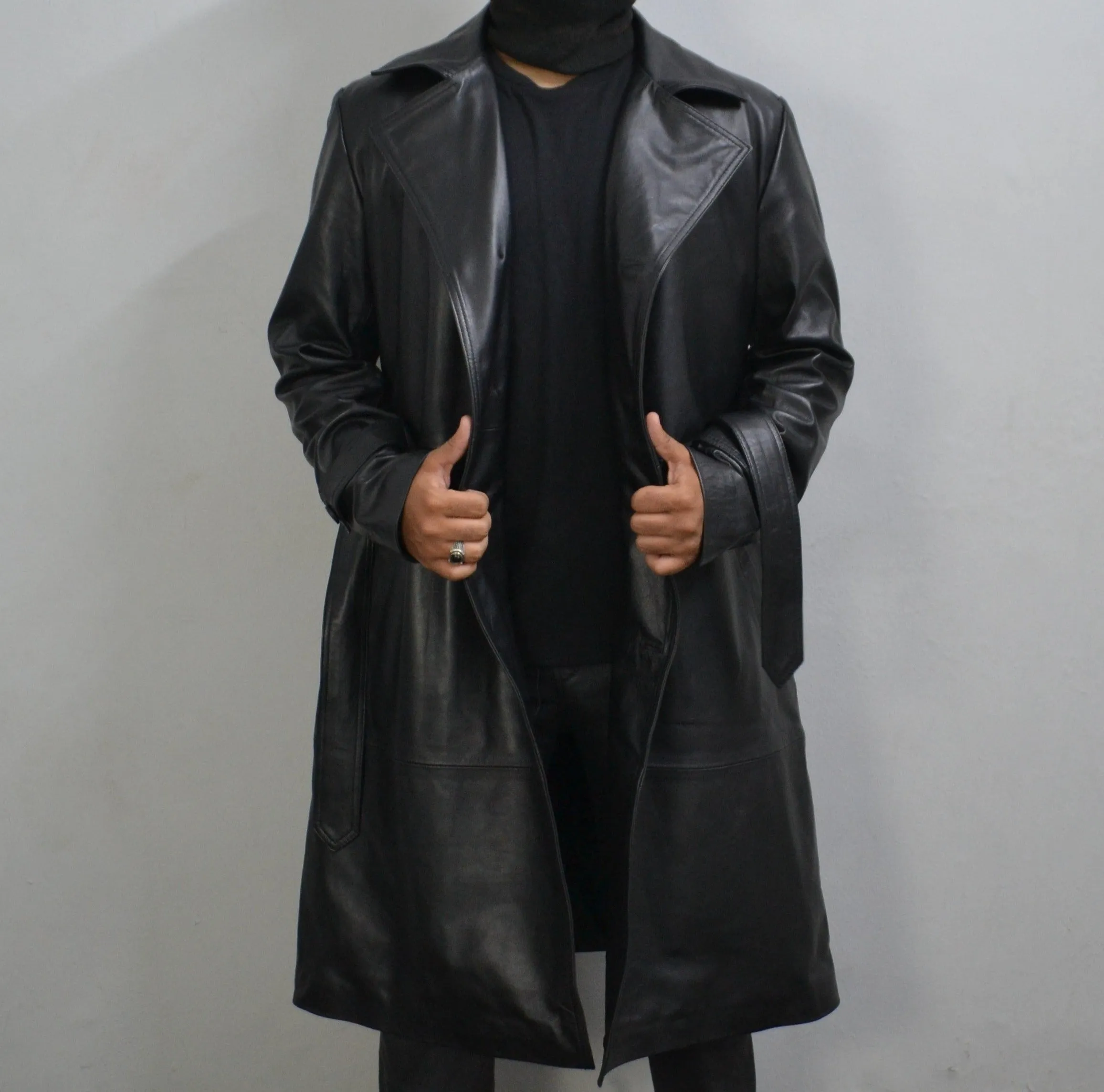 Men's Black Genuine Leather Mid-Length Belted Trench Coat