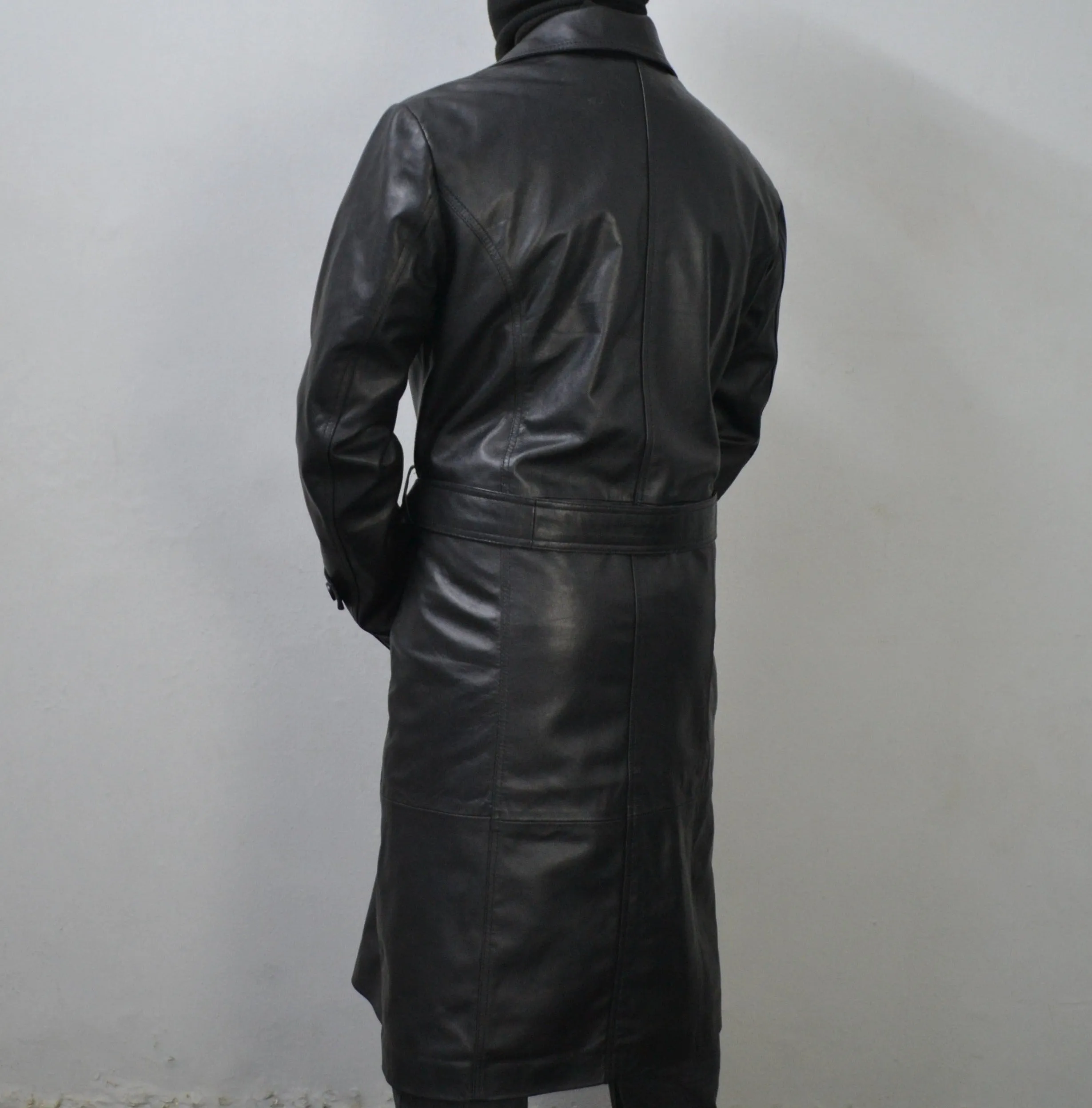 Men's Black Genuine Leather Mid-Length Belted Trench Coat