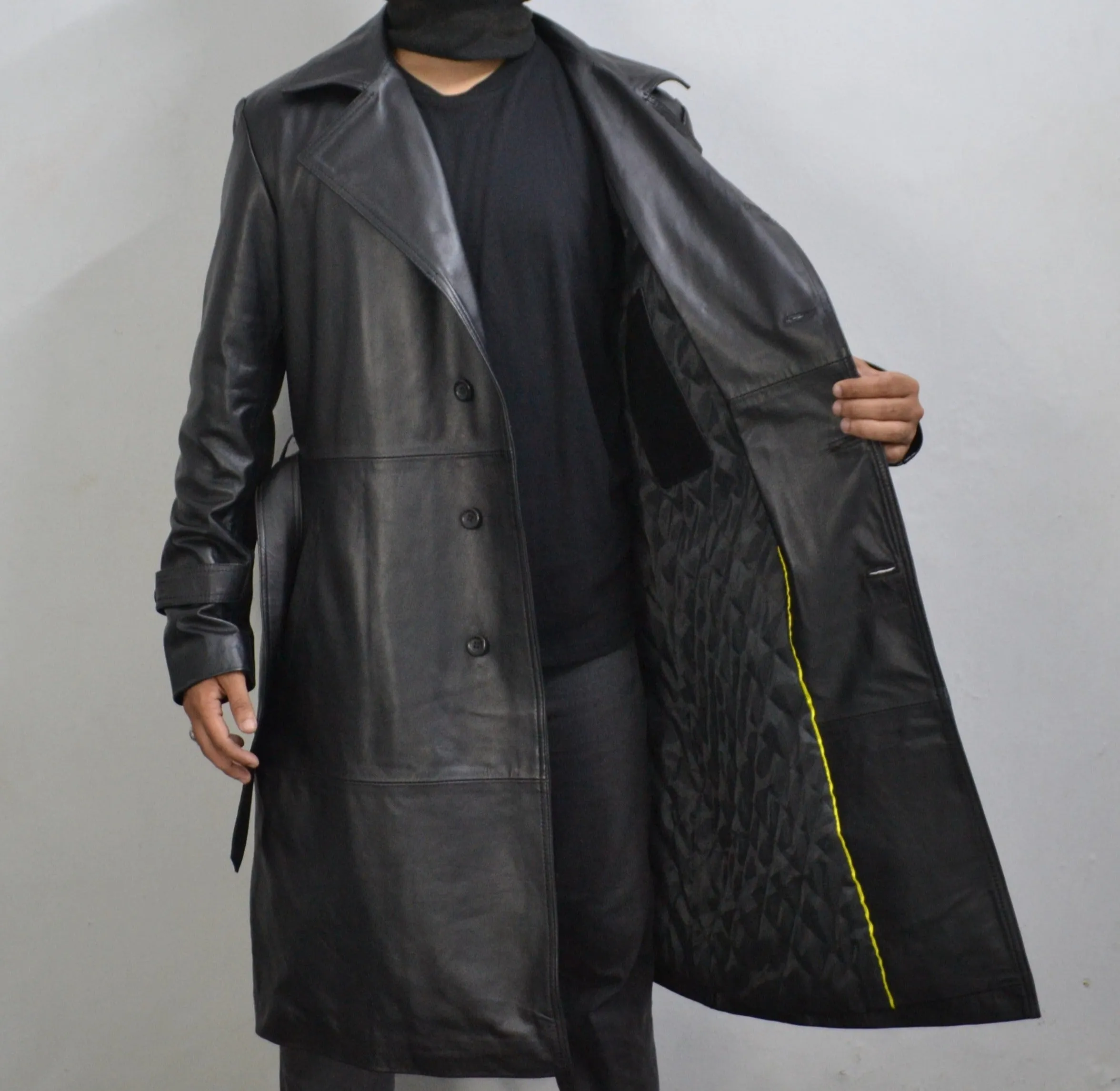 Men's Black Genuine Leather Mid-Length Belted Trench Coat