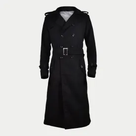 Men's Black Long Double-Breasted Belted Real Wool Coat