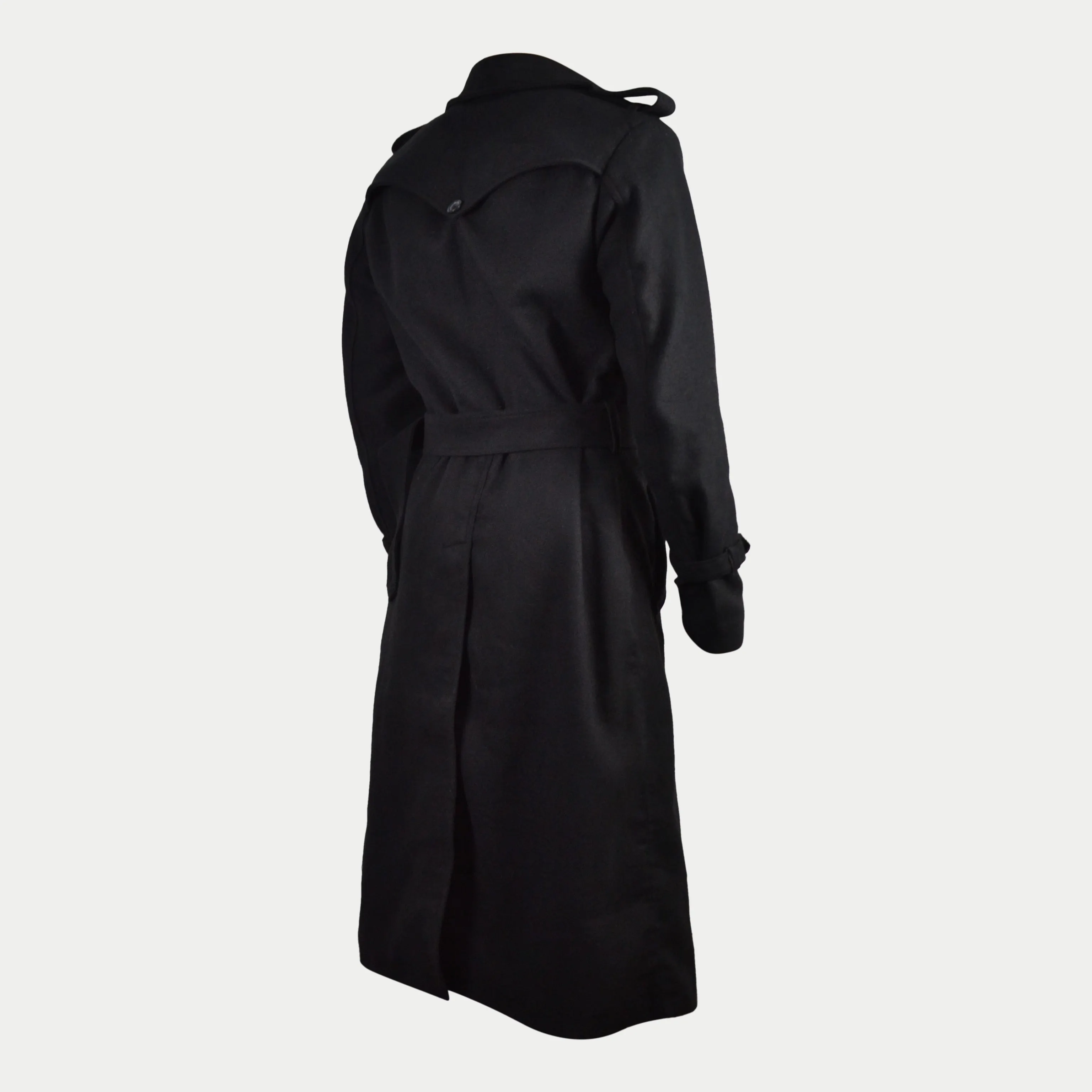 Men's Black Long Double-Breasted Belted Real Wool Coat