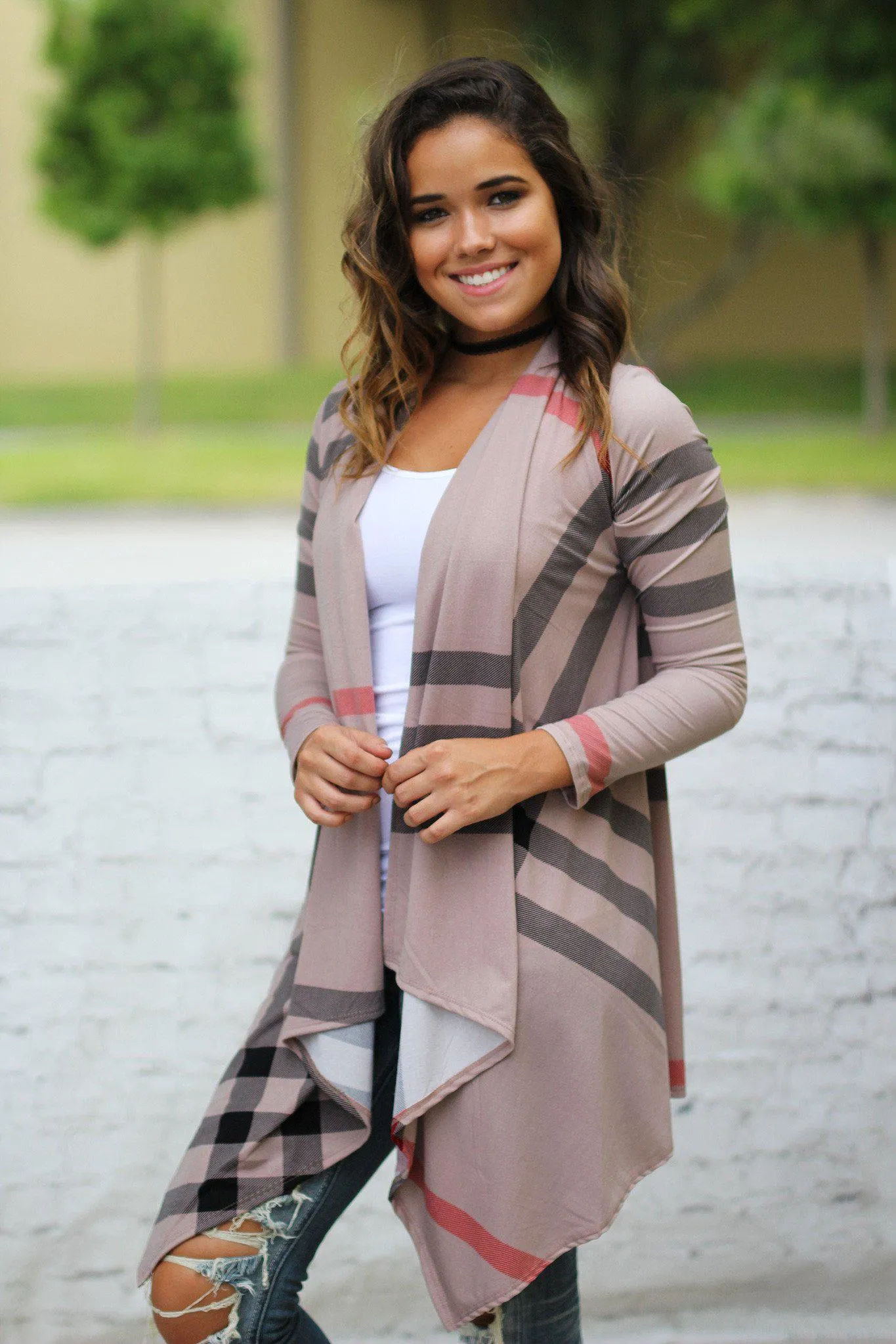 Mocha Check Print Cardigan