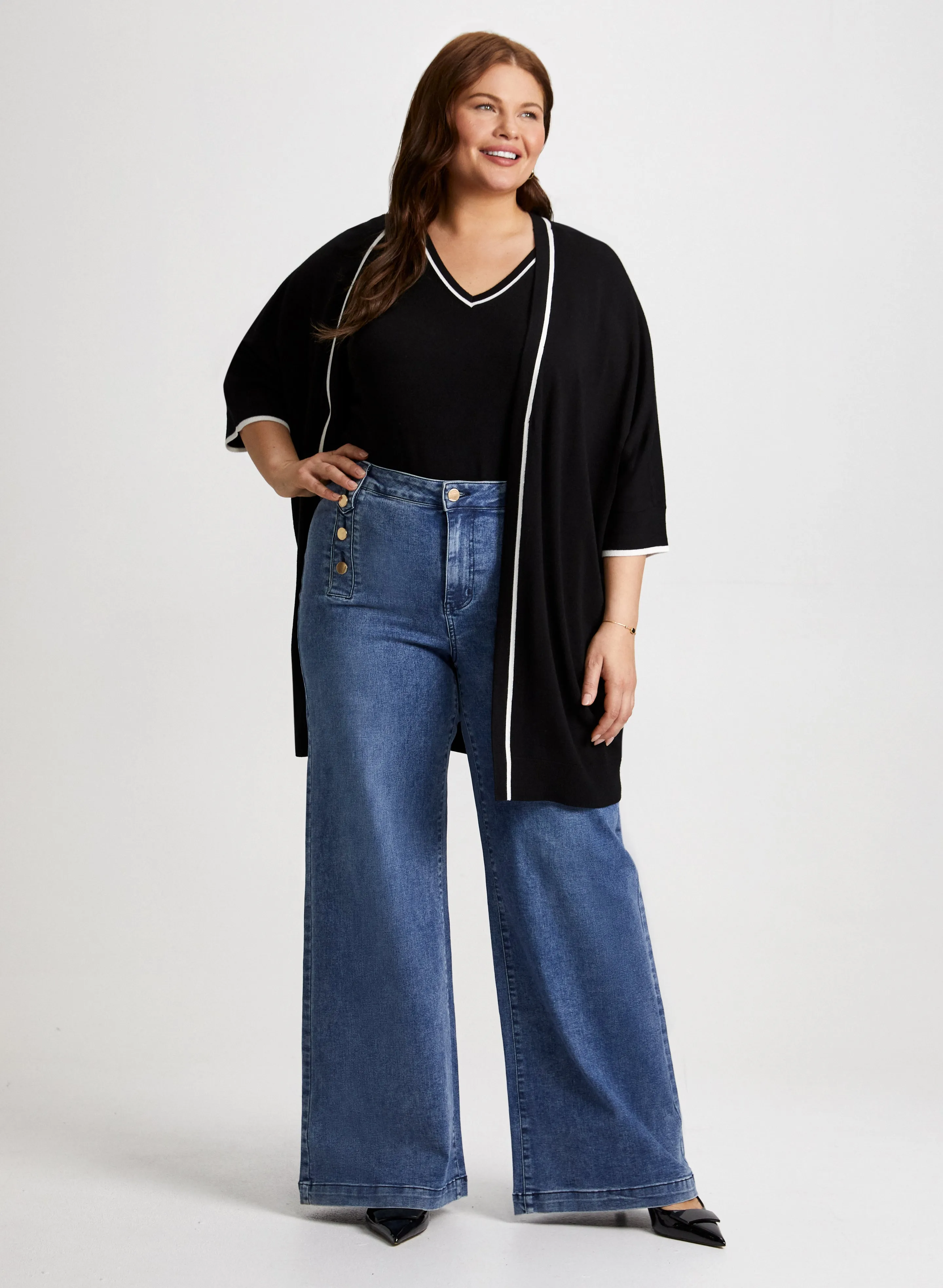 Open Front Cardigan & Wide Leg Jeans