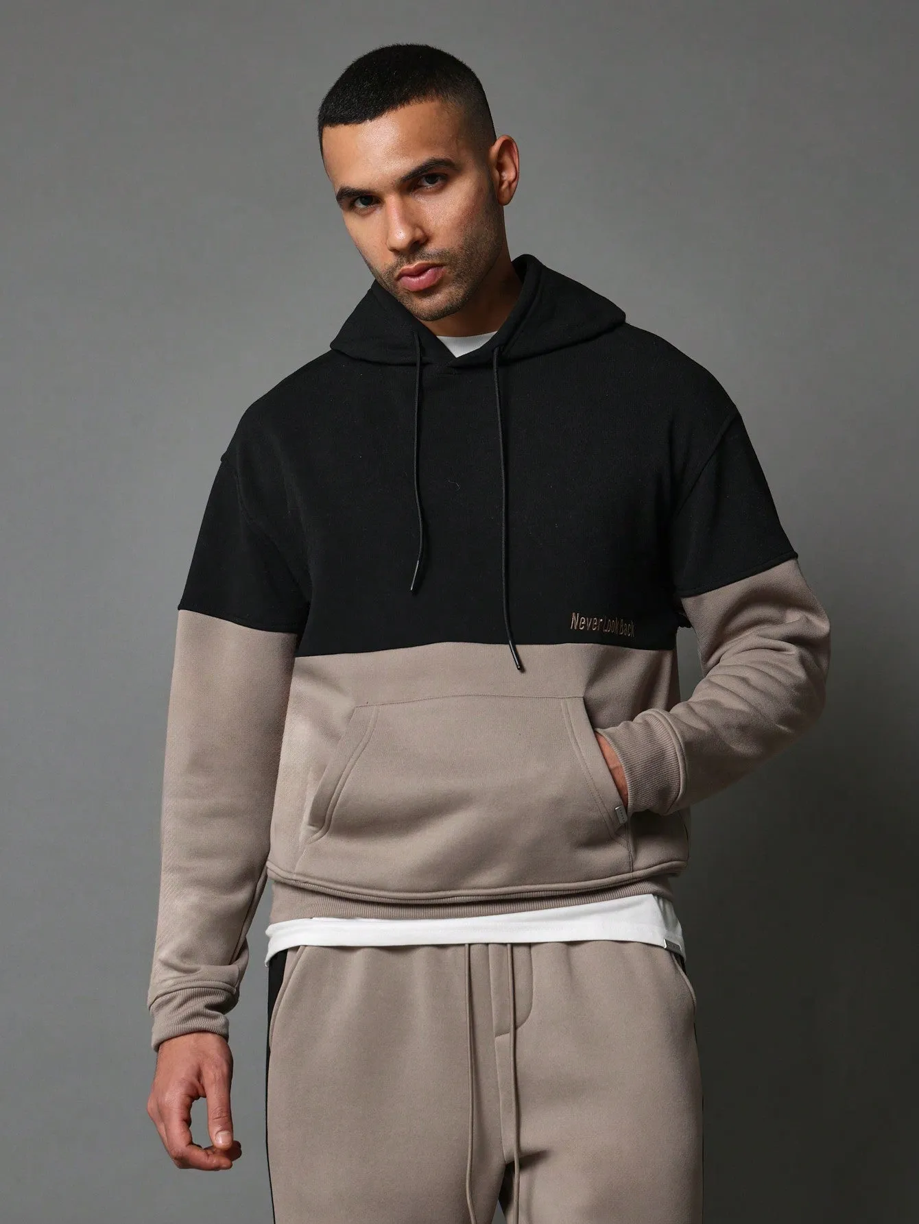 Overhead Regular Fit Colour Block Hoodie With Embroidery And Drop Crotch Sweatpants 2 Piece Set