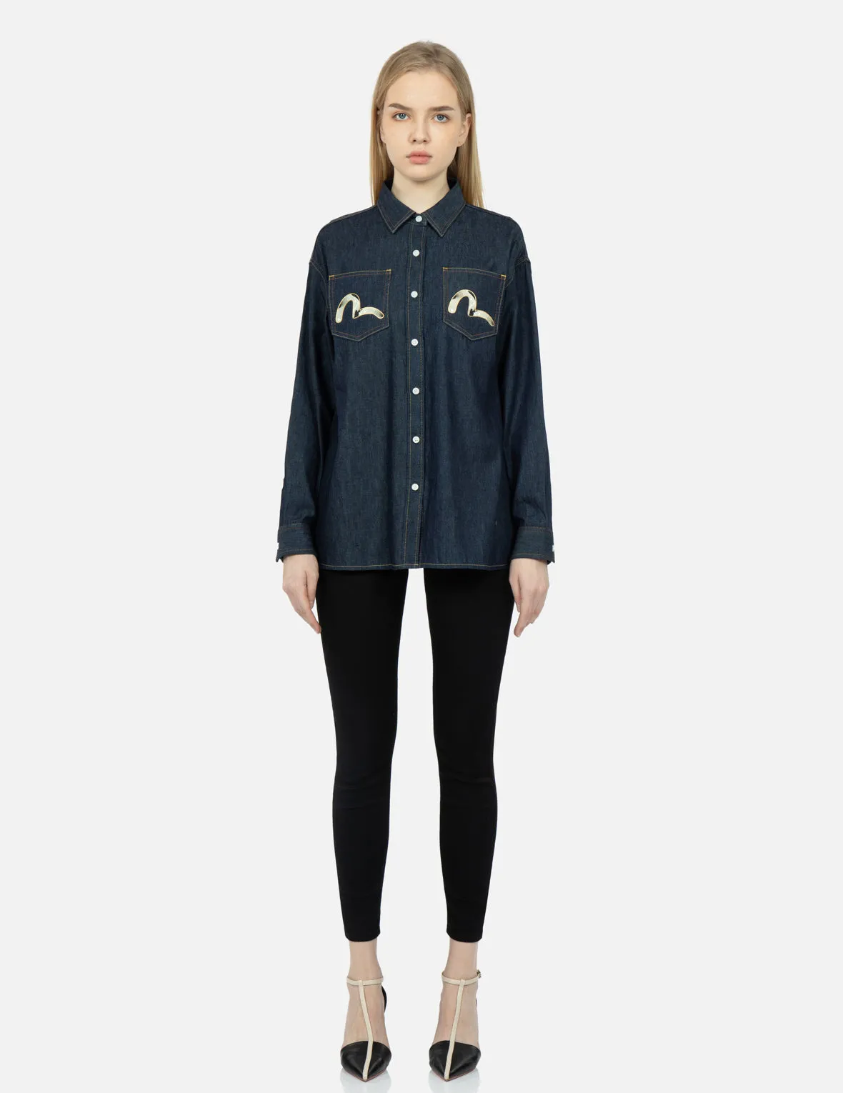 Peacock and Brocade Foil-Print Denim Shirt