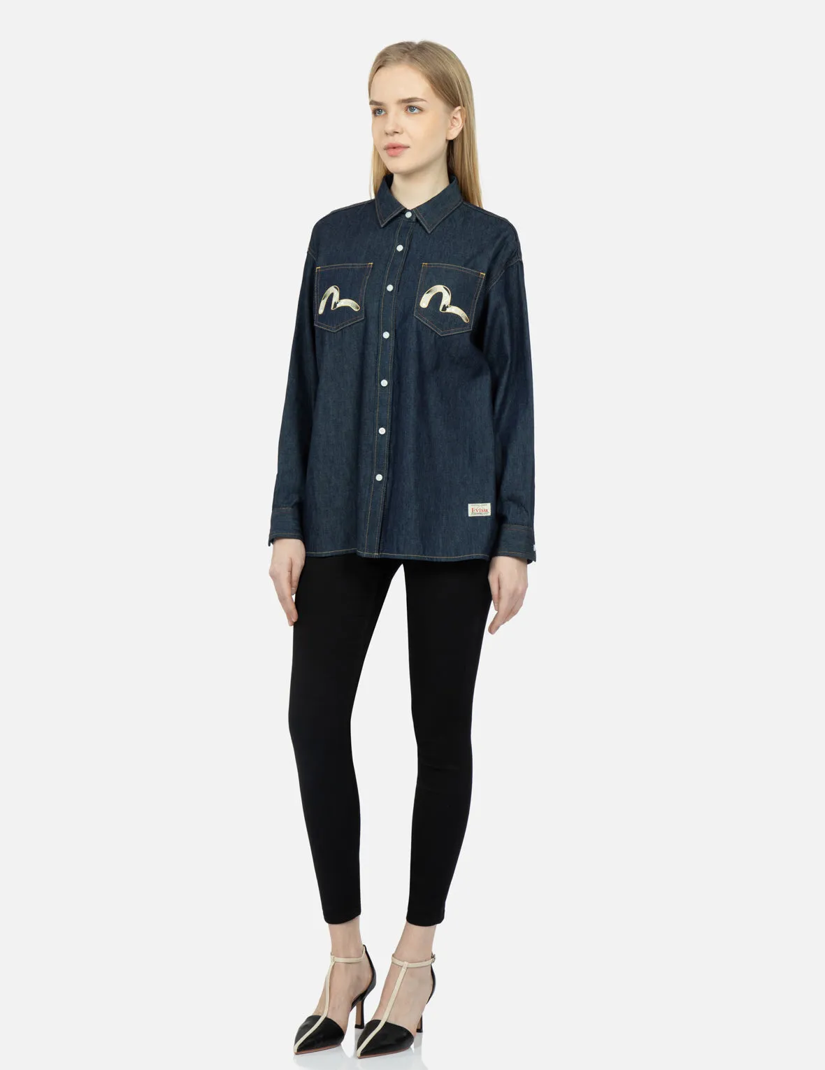 Peacock and Brocade Foil-Print Denim Shirt