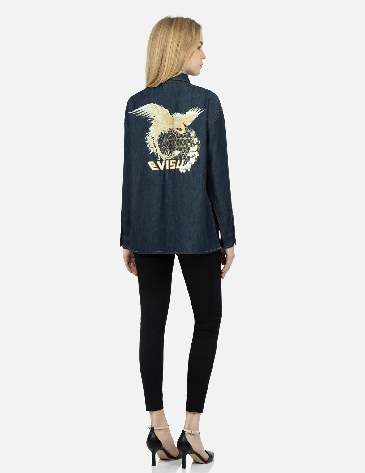 Peacock and Brocade Foil-Print Denim Shirt