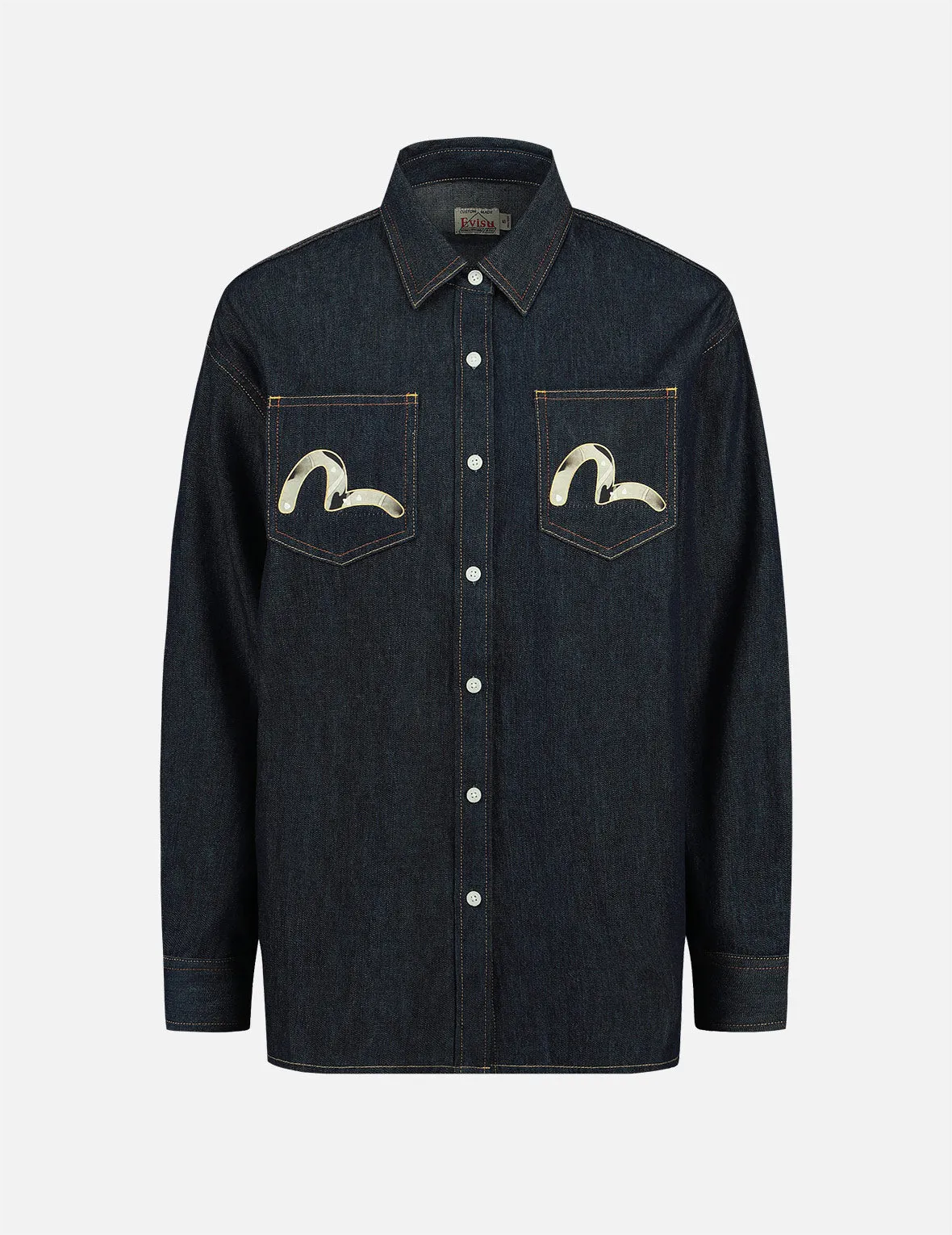 Peacock and Brocade Foil-Print Denim Shirt