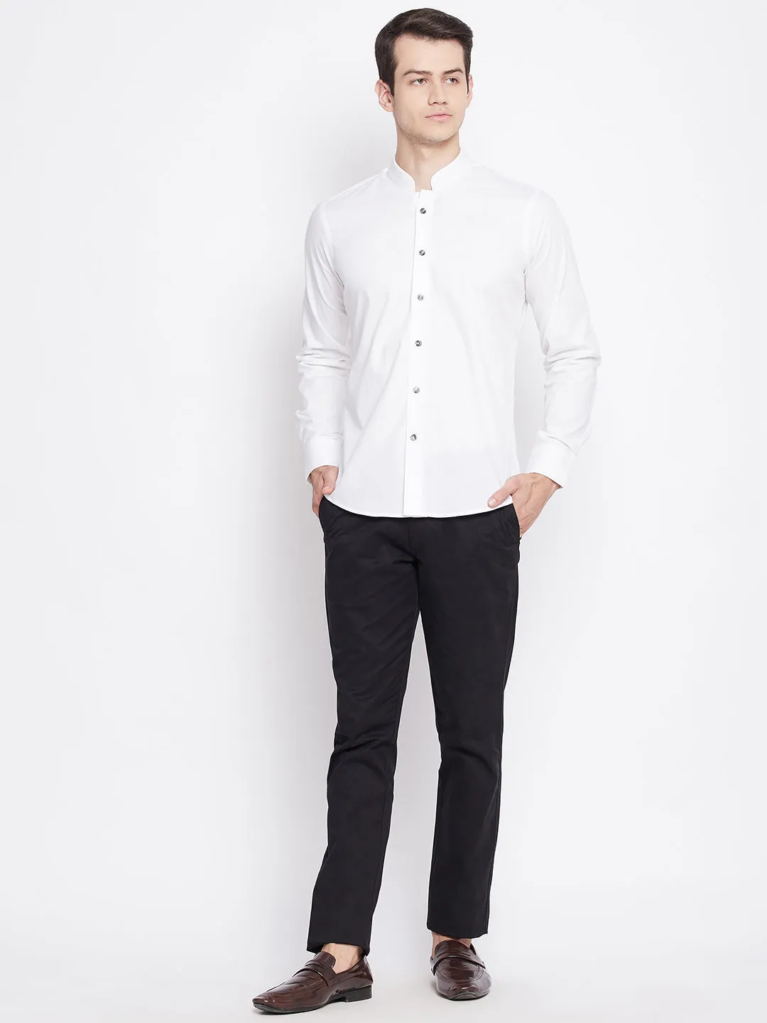 Pearl White Satin Cotton Shirt with Mandarin Collar