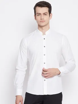 Pearl White Satin Cotton Shirt with Mandarin Collar