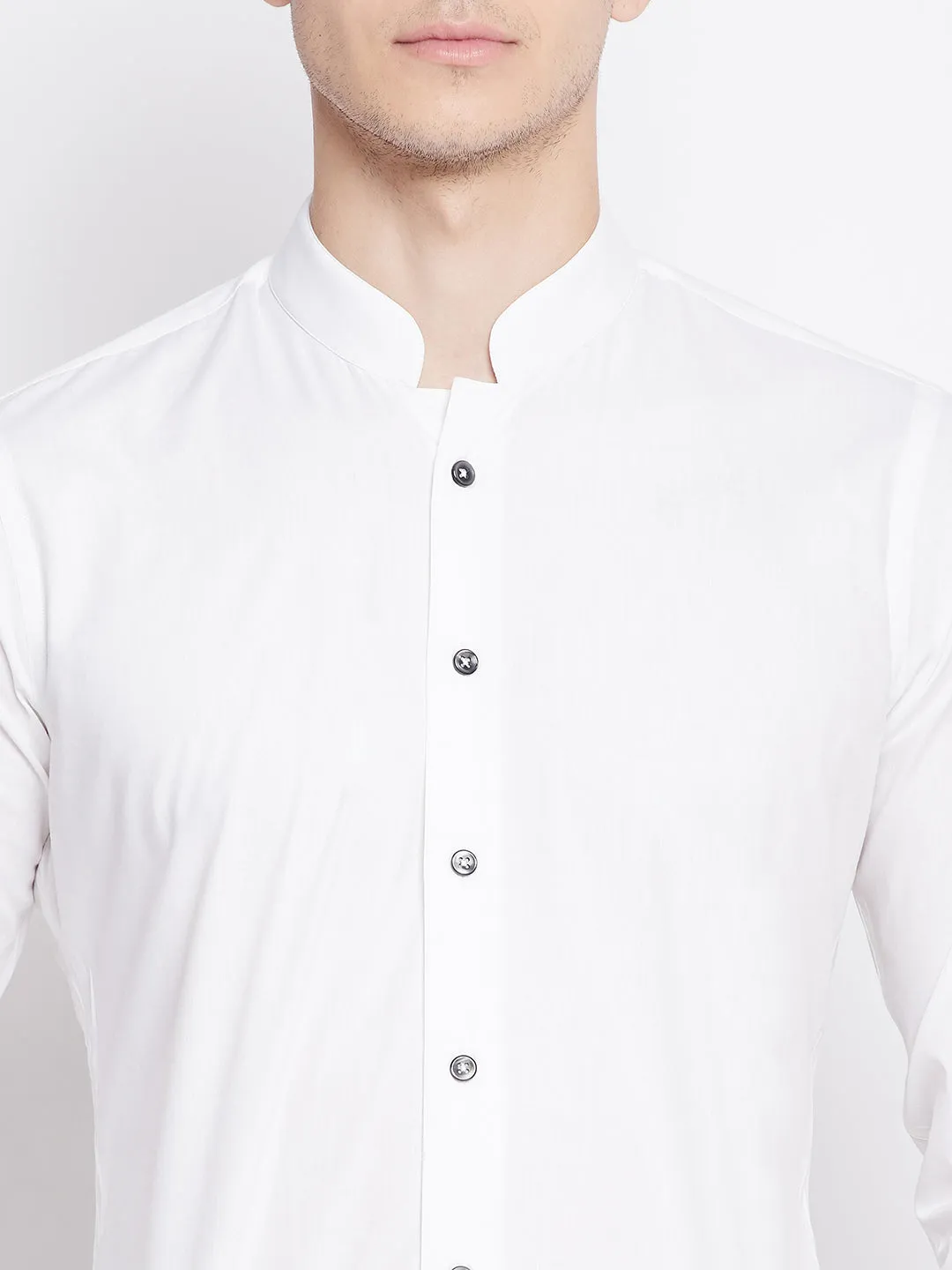 Pearl White Satin Cotton Shirt with Mandarin Collar