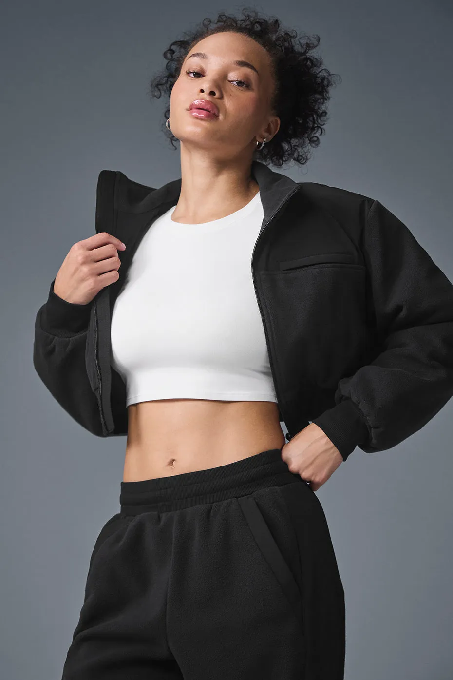 Polar Fleece Cropped Wintry Mix Jacket - Black