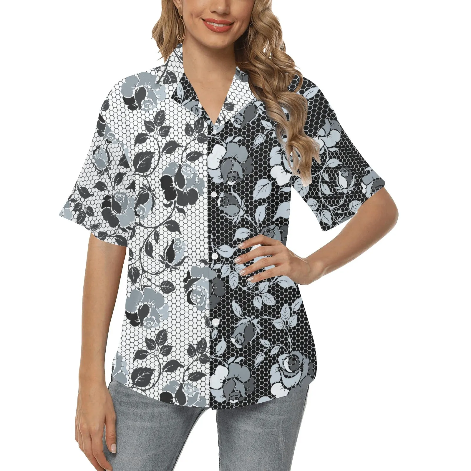 selenium gray rose asymmetrical Hawaiian Shirt for Women