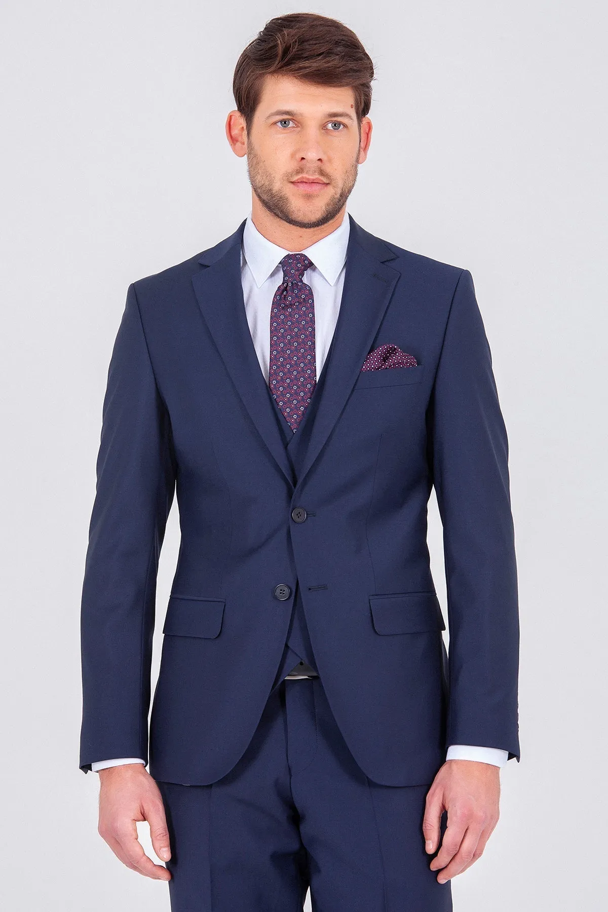 Slim Fit Notch Lapel Navy Wool Blend Classic Suit with Vest