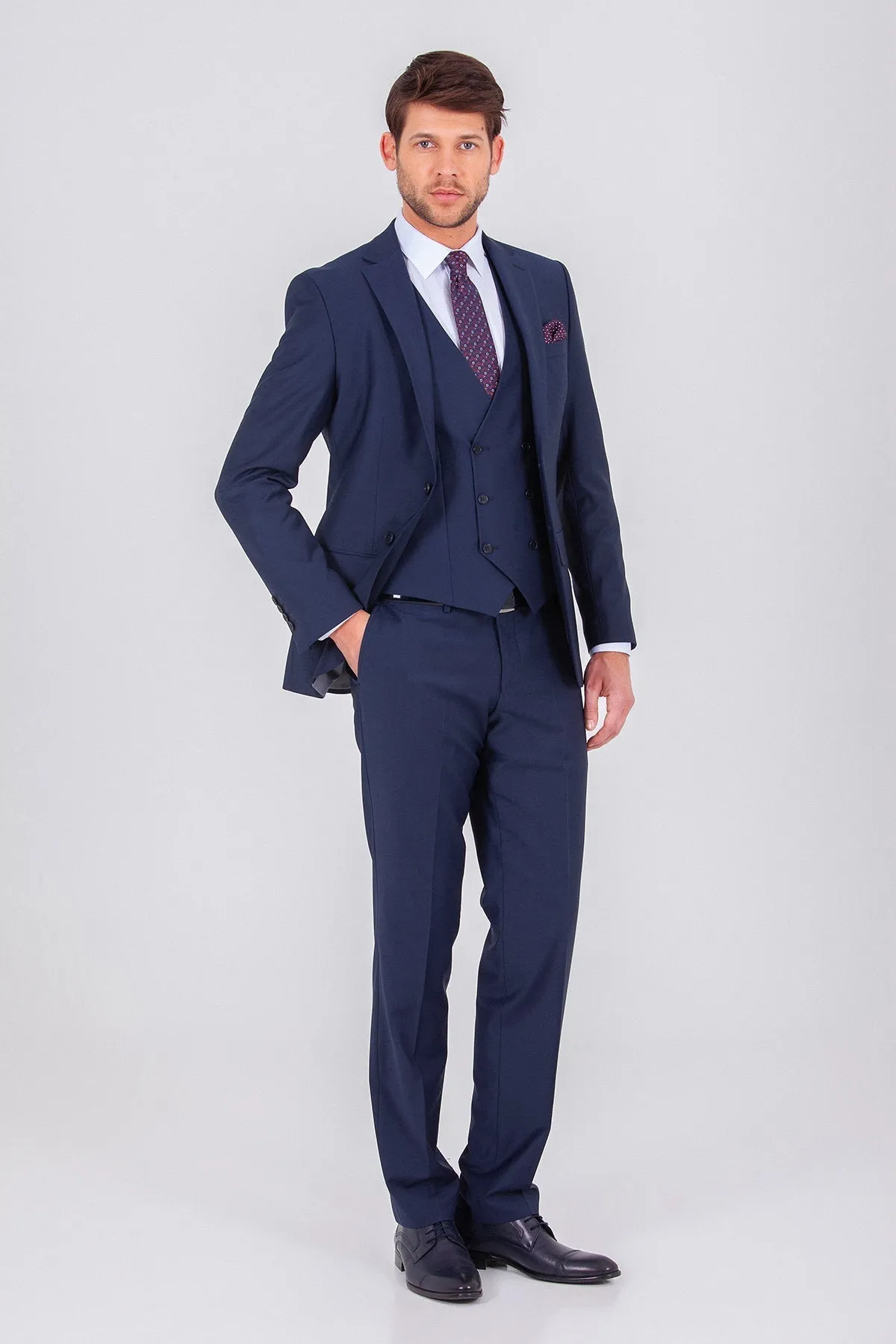 Slim Fit Notch Lapel Navy Wool Blend Classic Suit with Vest