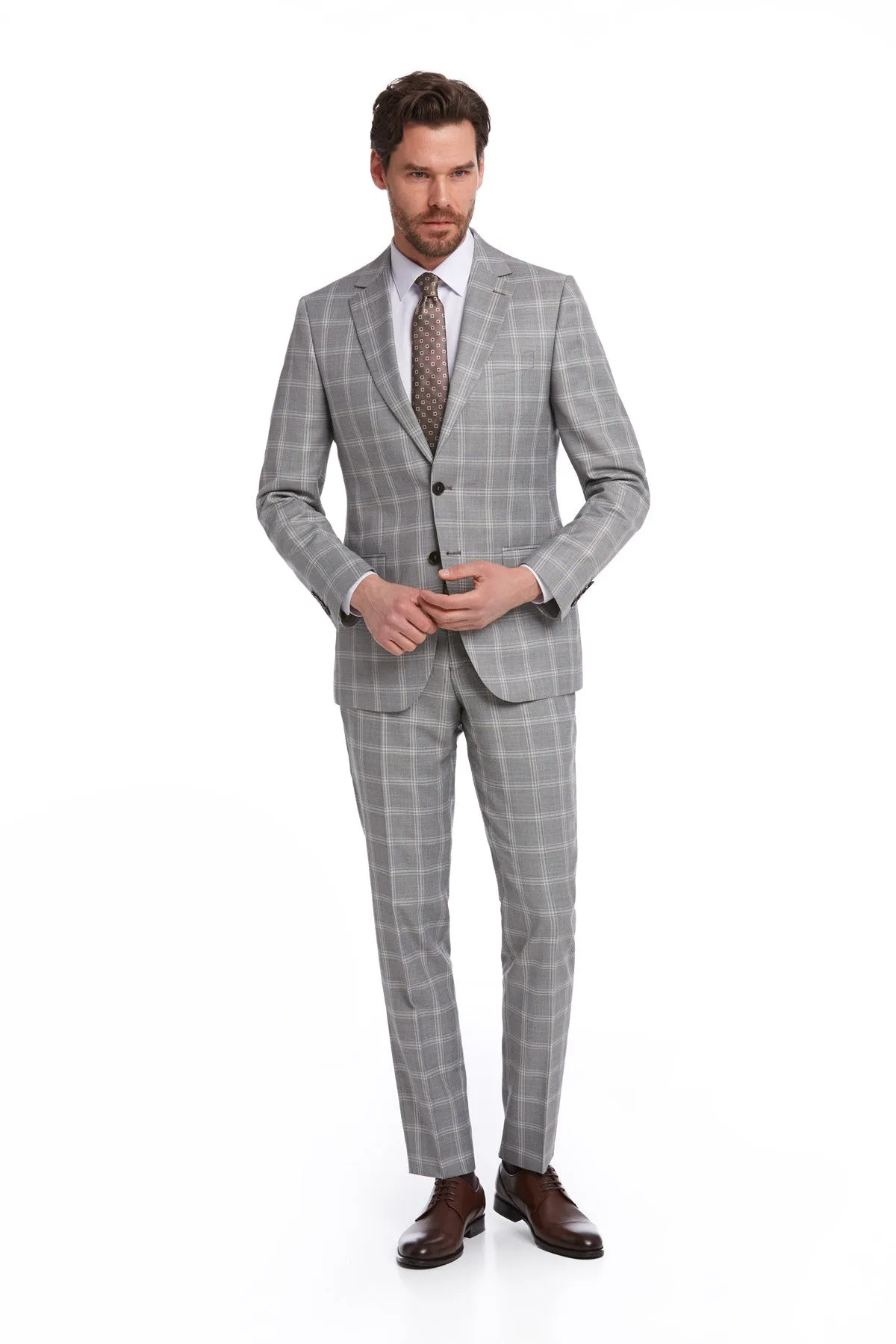 Slim Fit Notch Lapel Plaid Wool Blend Gray Classic Suit